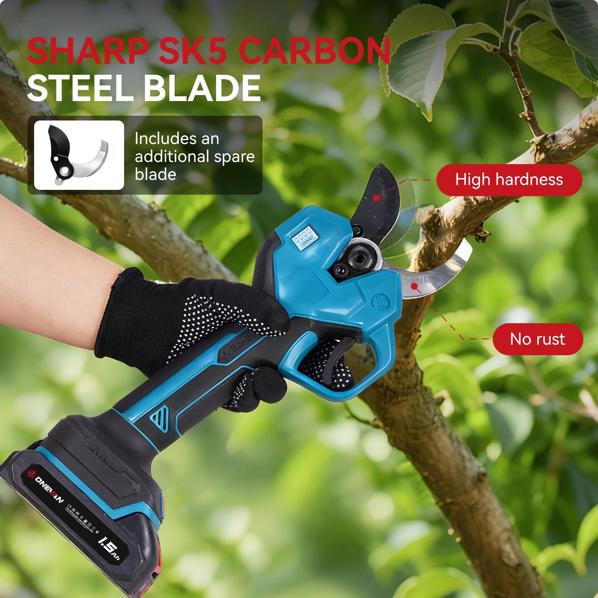 ONEVAN Sécateur Électrique sans Fil 40mm, Cisaille de Jardin, Brushless Taille haie avec 2×1,5Ah Batteries, Lames SK5 & Écran LCD, Outil de Jardinage pour Coupe de Branches, Élagage des Arbres