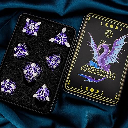 Miniatura 6 de ARUOHHA DND - Juego de dados de metal con fragmentos de cristal, dados D&D con caja de regalo, 7 dados poliédricos plateados y morados, juego de rol