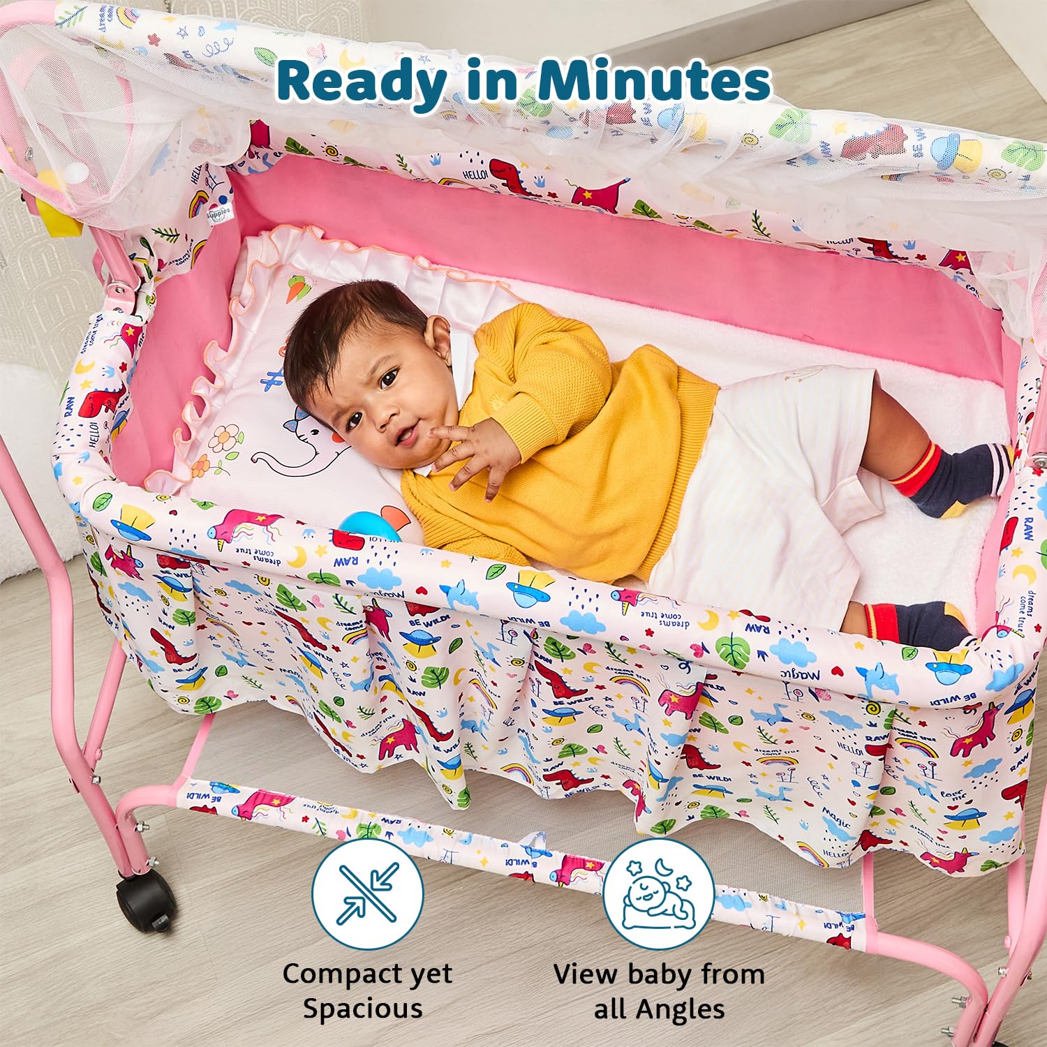 Amazon Brand - Supples Baby Cradle with Swing & Mosquito Net | 0–8 Months | Swing Lock | 4 Wheels with Brake | Soft & Comfortable for Baby Sleep | Sturdy Mild Steel Frame | Pink 3
