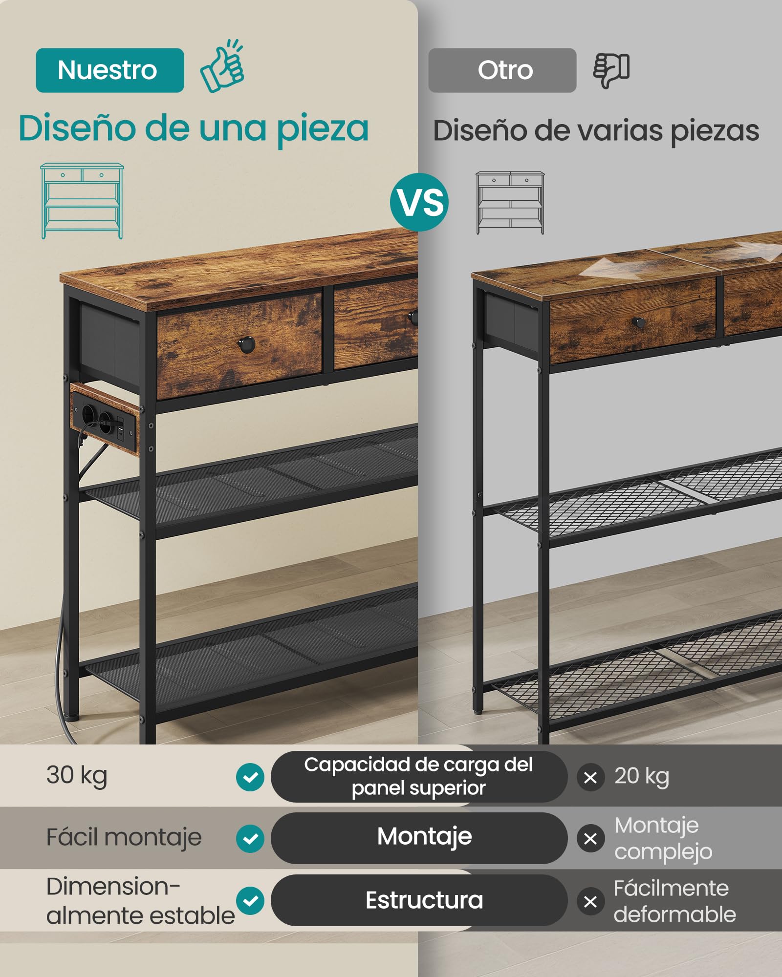 SONGMICS BELLAH Colección - Consola de Recibidor con Toma de Corriente, Mesa Auxiliar con Luz LED, Mesa de Recibidor, Sala de Estar, 30 x 76,7 x 78,7 cm, 2 Cajones de Tela, Marrón Rústico LGS175K102