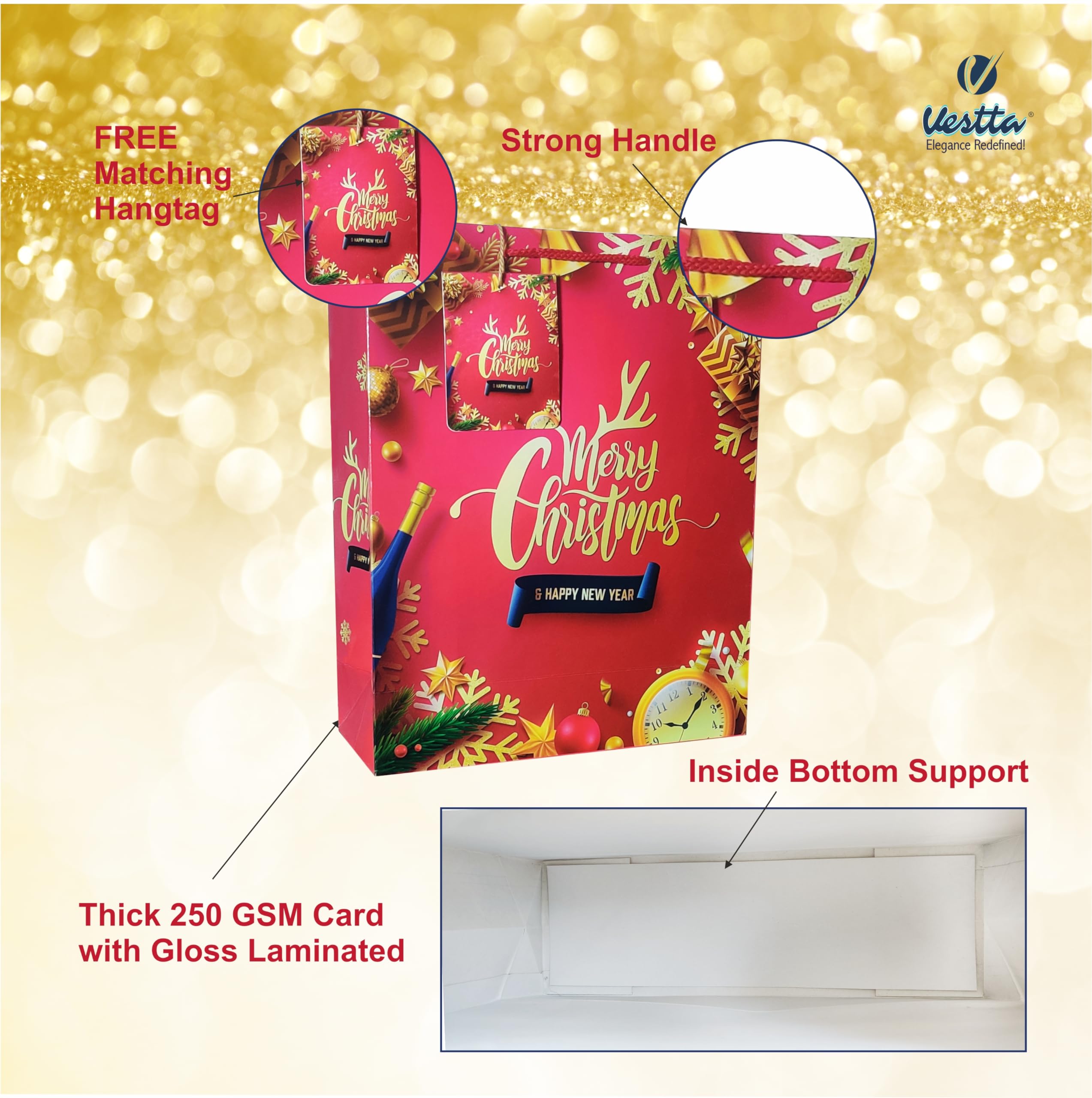 VESTTA -ELEGANCE REDEFINED Gift Paper bag for Christmas Large, 9.65 Inch (L) x 4 Inch (B) x 12 Inch (H), Gloss Laminated, Red Coloured with Merry Christmas written on it with Gift Tags 3