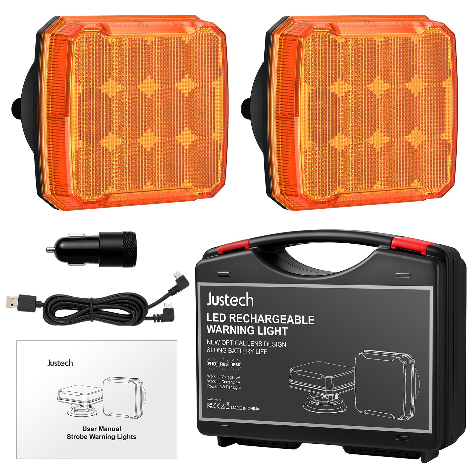 Justech 2er Warnleuchten Wiederaufladbare Warnlicht Magnetische Rundumleuchte 18 Blinkmodi, IP65 Wasserdicht, 2000mAh Akku, Magnetische Befestigung Blinklichter für Sichere Nutzung Bernstein