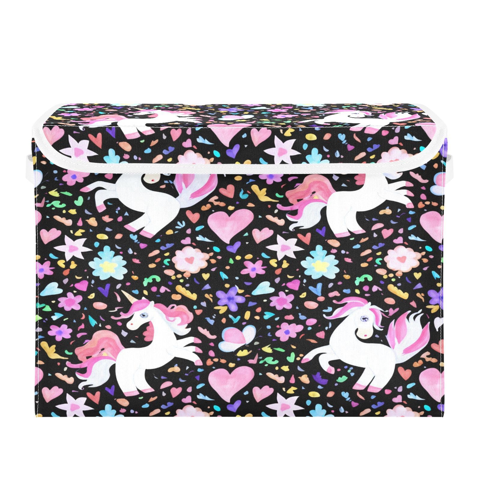 Ewusp Unicorns Fabric Storage Bin with Lid, Decorative Foldable Storage Basket with Handles, Stackable Closet Shelf Organiser Box for Clothes, Books, Bedroom, Living Room