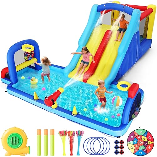 Inflatable Water Slide Bounce House, Double Slide Bouncer Castle Playhouse w/Splash Pool,Jump Area, Climbing Wall,Basketball Hoop, Water Balls, 550W Air Blower for Kids Birthday Party, Indoor Outdoor
