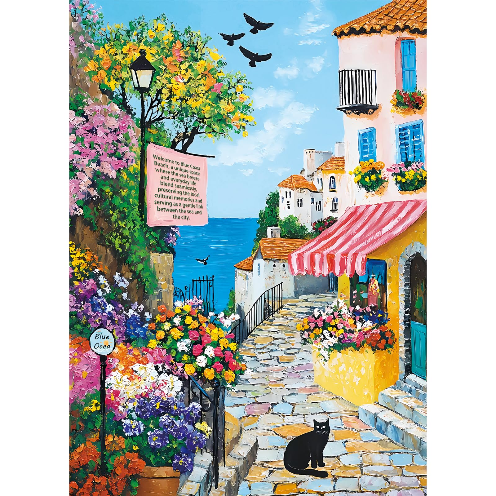 HUADADA 500 Piece Jigsaw Puzzle-Seaside Floral Lane(No Back Partition)