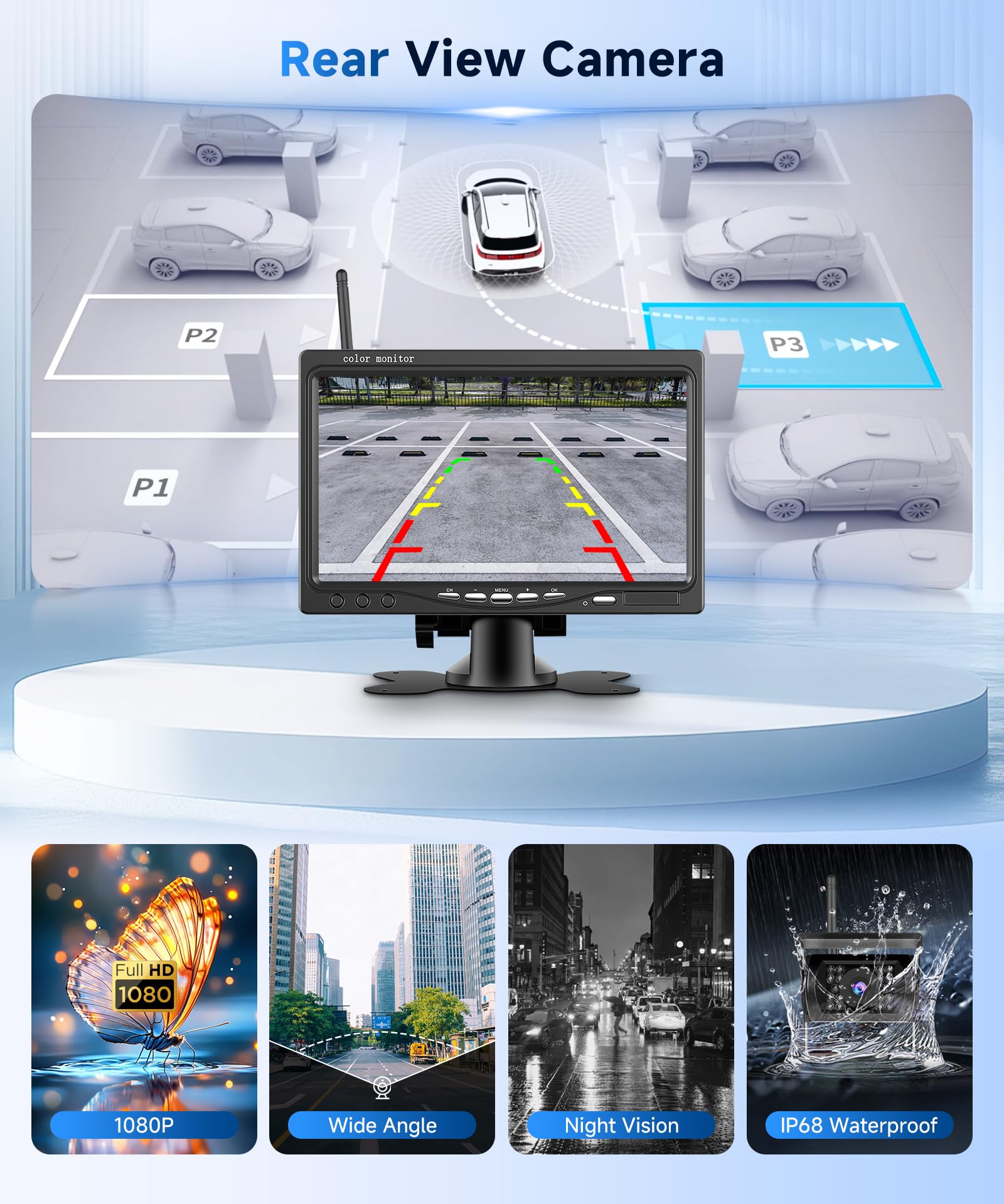 Dubbele achteruitrijcameraset met 7 inch HD-monitor, 1080p 2