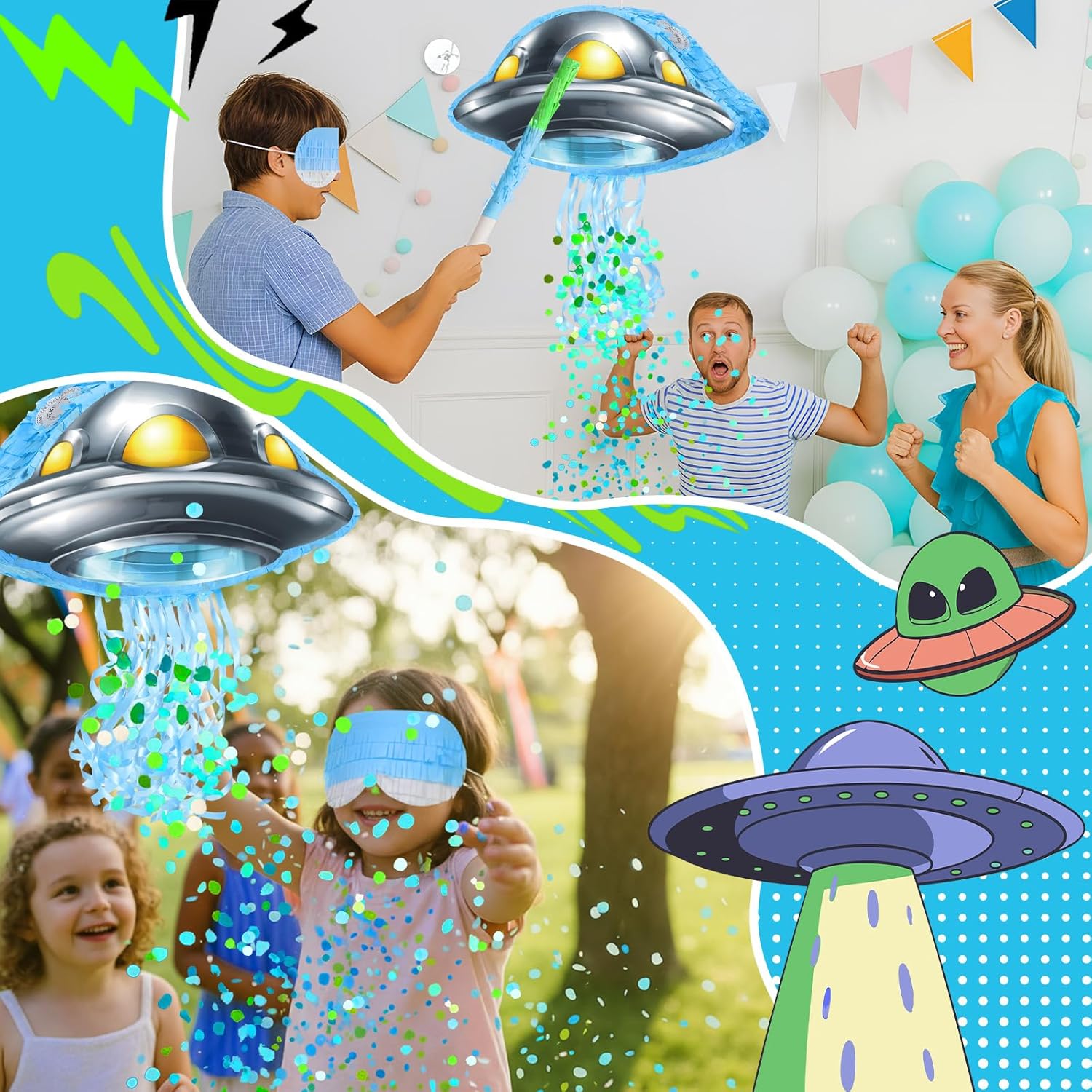 Janlaugh Alien Pinata with Bat Stick Blindfold and Confetti, Spacecraft Piñata Party Decoration Spaceship Themed Halloween Birthday Party Favor Supplies(Spaceship)