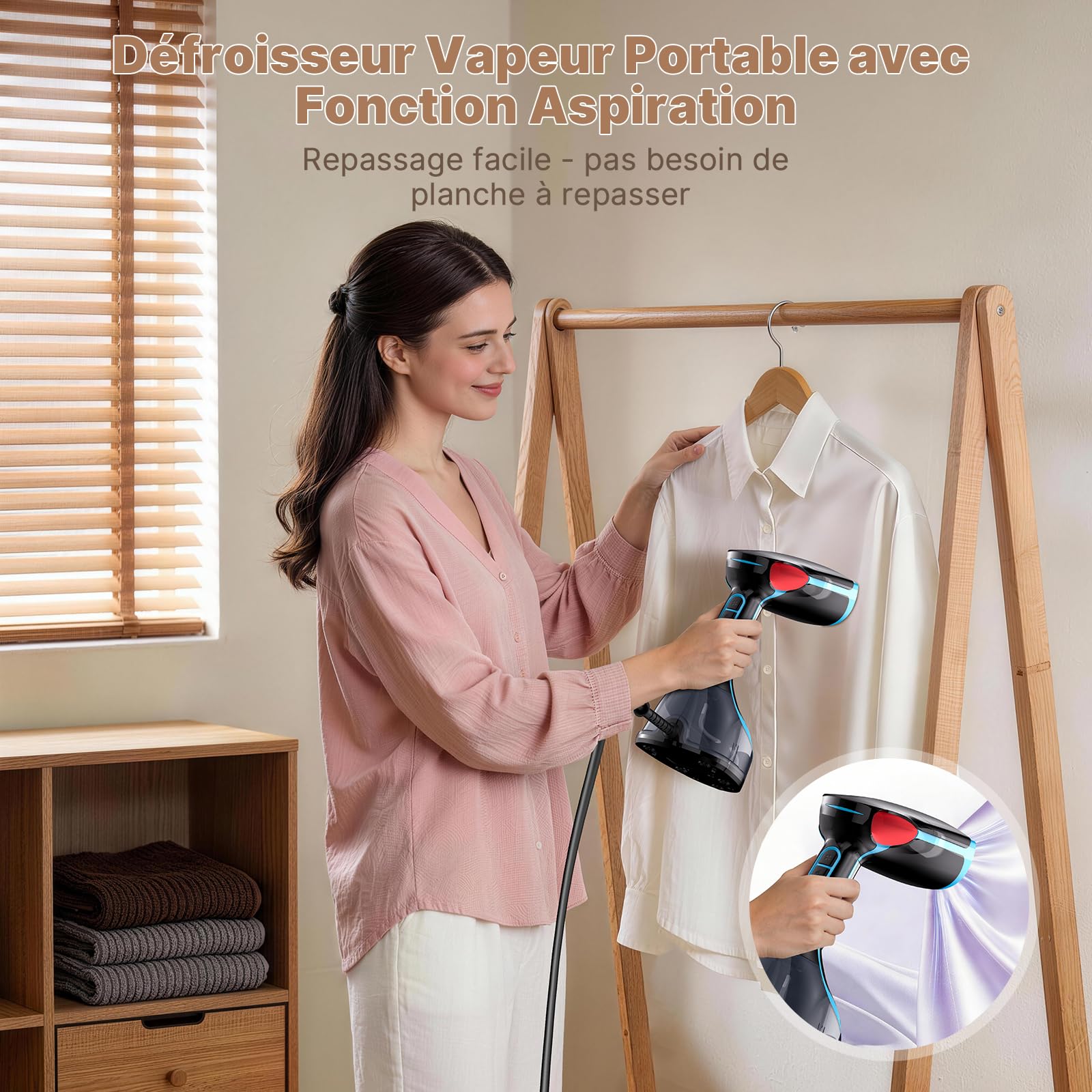 Défroisseur Vapeur 4 en 1, Défroisseur à Main avec Fonction d'aspiration, Réservoir d'eau Amovible de 340 ML, 1300W, préchauffage en 30S pour tous les tissus, Défroissage Rapide et Sans Plis - 3