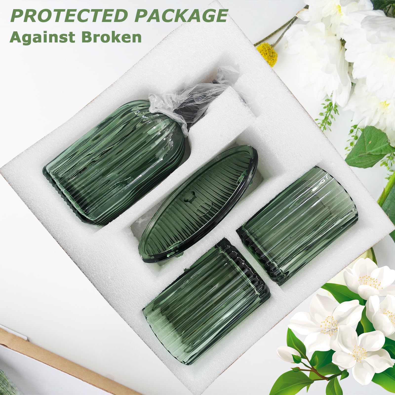 Lot de 4 accessoires de salle de bain modernes – Distributeur de savon, porte-savon, gobelet et porte-brosse à dents, distributeur de savon en verre pour salle de bain, évier, coiffeuse (vert)