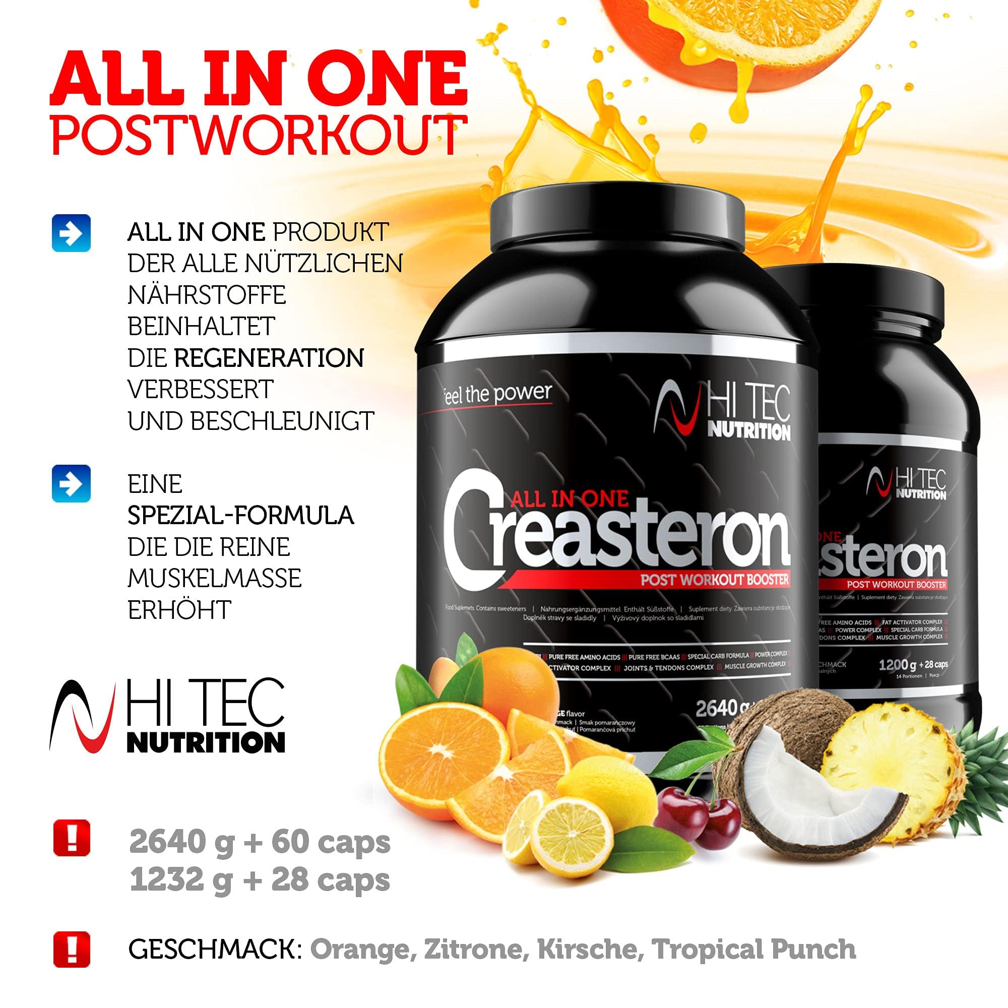 Creatin All in One - Post Workout - Aminosäuren & Vitamine - Creasteron - 2640 + 60 Kapseln - Zitrone - unterstützt Regeneration & Muskelaufbau - Hi Tec Nutrition