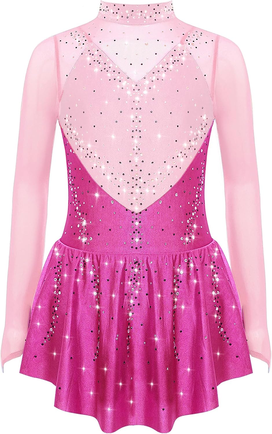 Agoky Girls Figure Ice Skating Dress Long Sleeve Sparkly Rhinestones Ballet Dance Skirted Leotard Gymnastics Outfit
