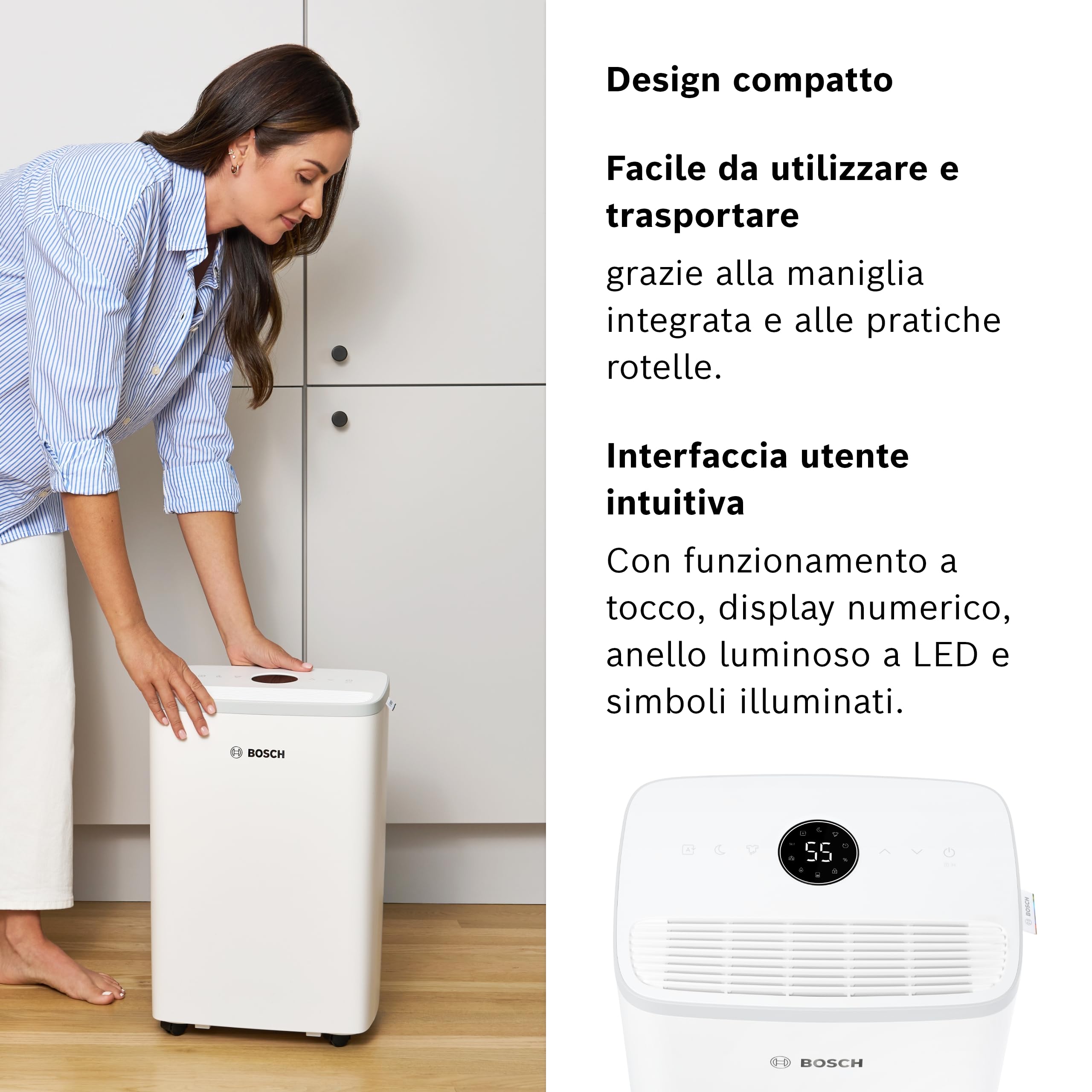 Bosch Dry 2000 - Deumidificatore - Facile. Efficiente. Tranquillo. Per la tua casa e la tua camera da letto - Per Stanze fino a 24 m² - Asciugatura rapida per il tuo bucato