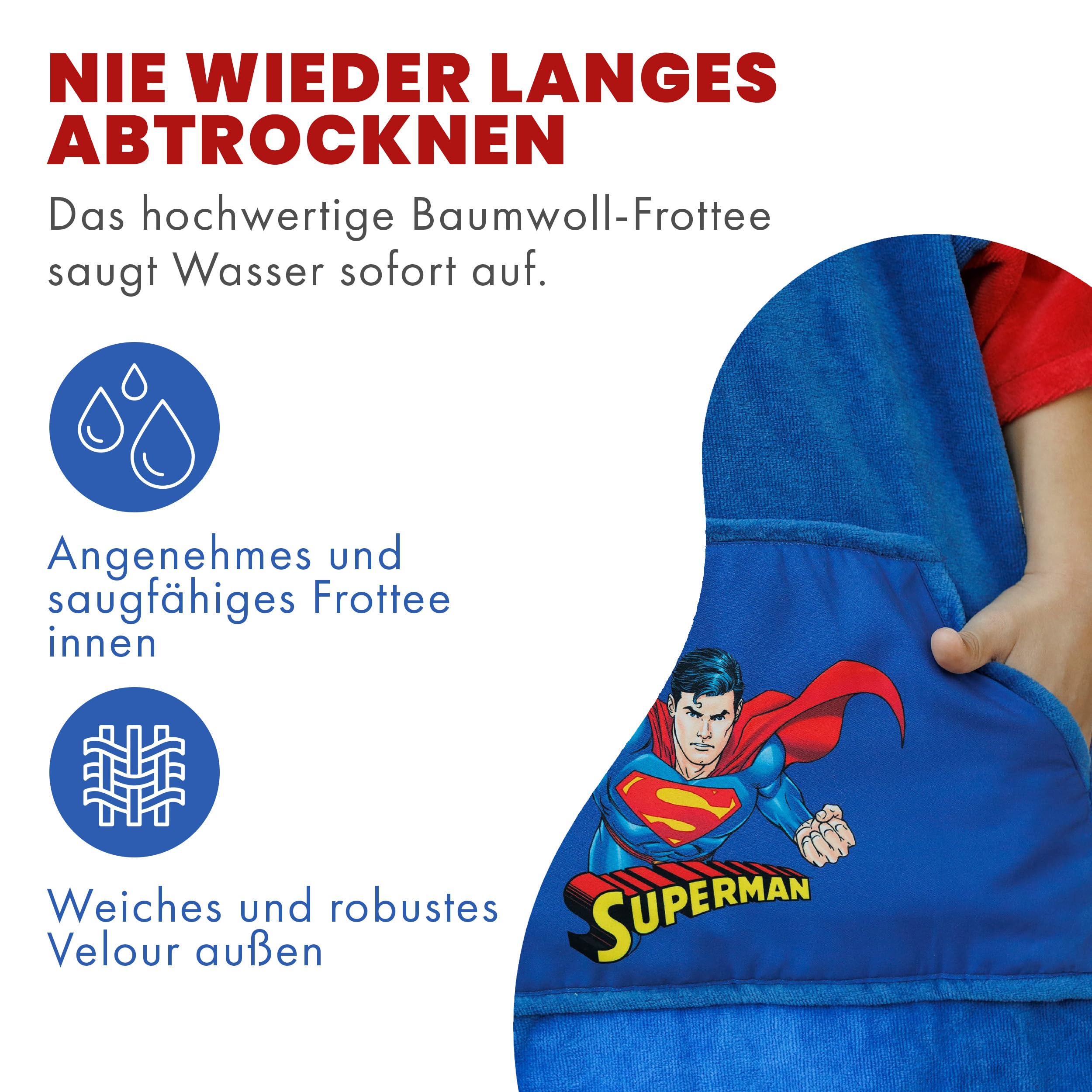 Wave Hawaii Poncho de baño para niños, en algodón Natural, Poncho de Playa con Capucha, Toalla Suave para niños y niñas, para casa, baño y Viaje, Talla (Superman, XXS)