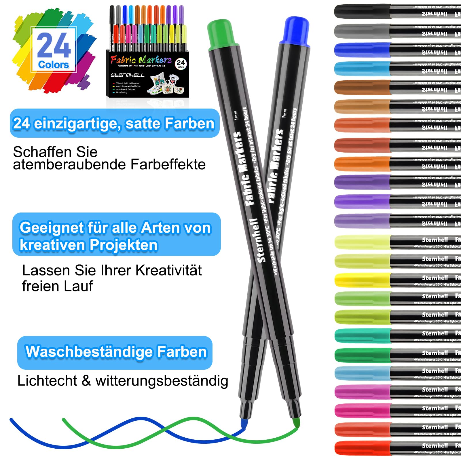 Nurila 12 Textilstifte Waschmaschinenfest - Stofffarben Für T-Shirts & Jutebeutel