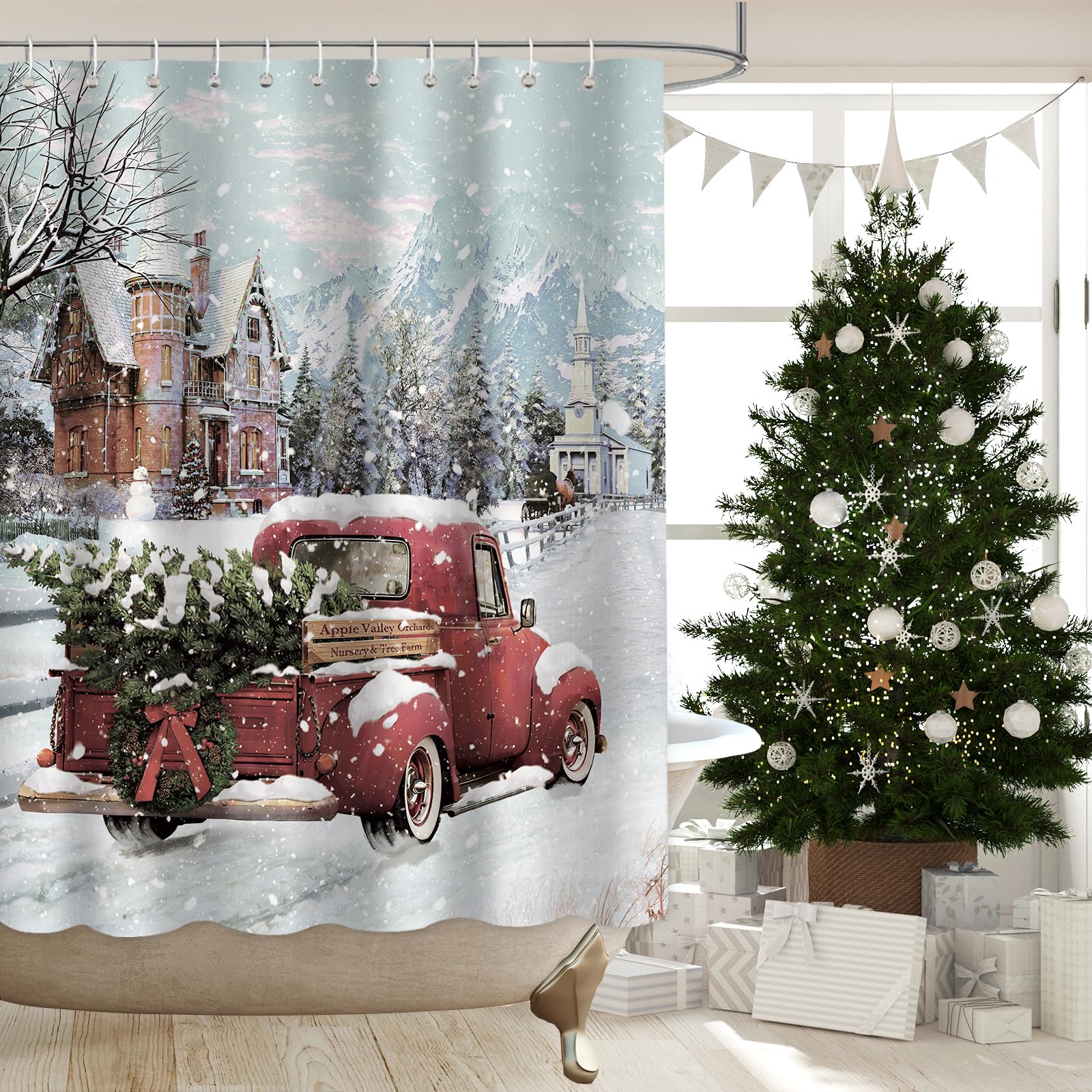 Tenda da doccia con 12 ganci, tenda in tessuto con albero di Natale rosso, tenda da bagno lavabile, decorazione natalizia, 180*180 cm | Leroy Merlin