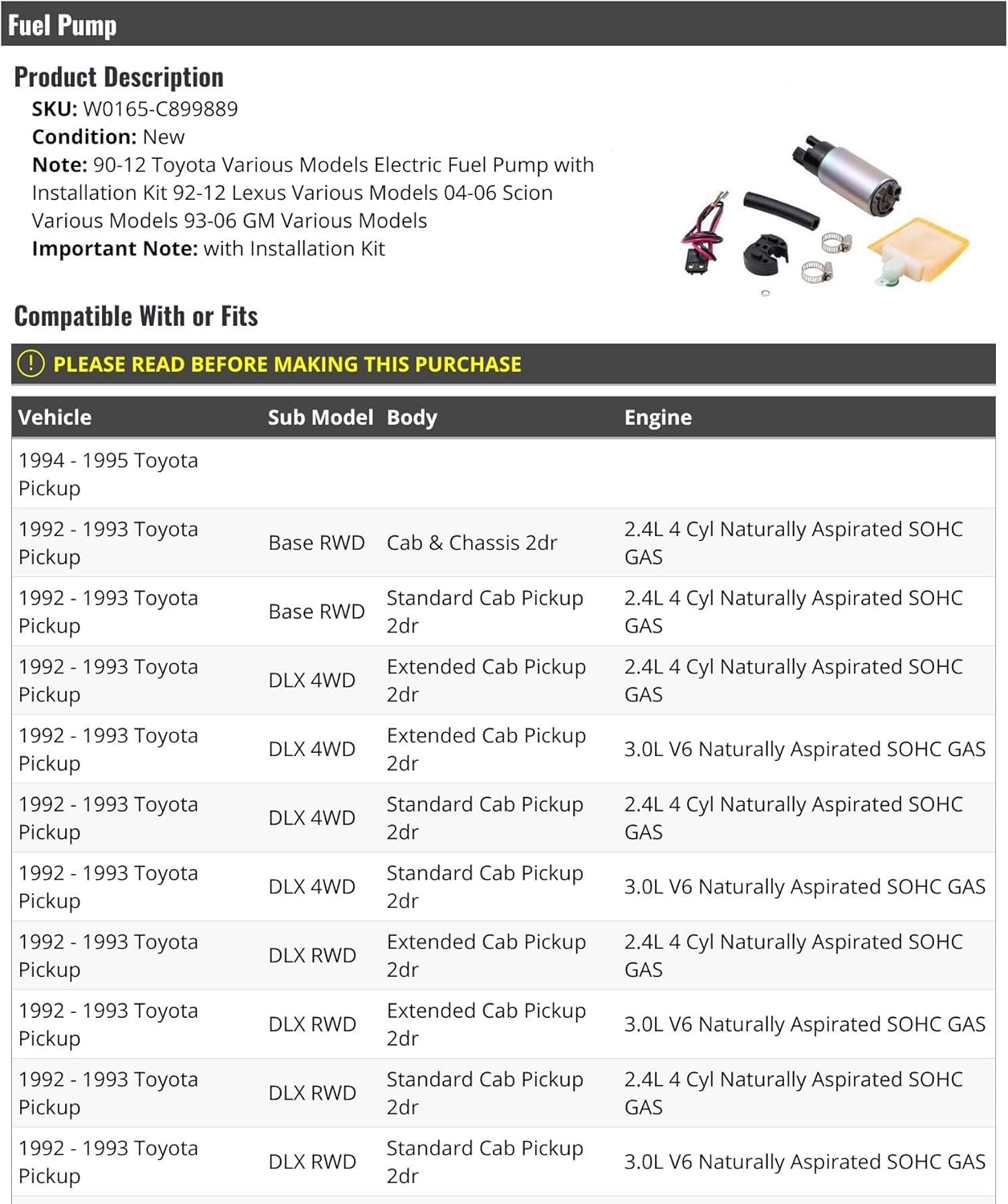 Marketplace Auto Parts Fuel Pump - Compatible with 1992-1995 Toyota Pickup