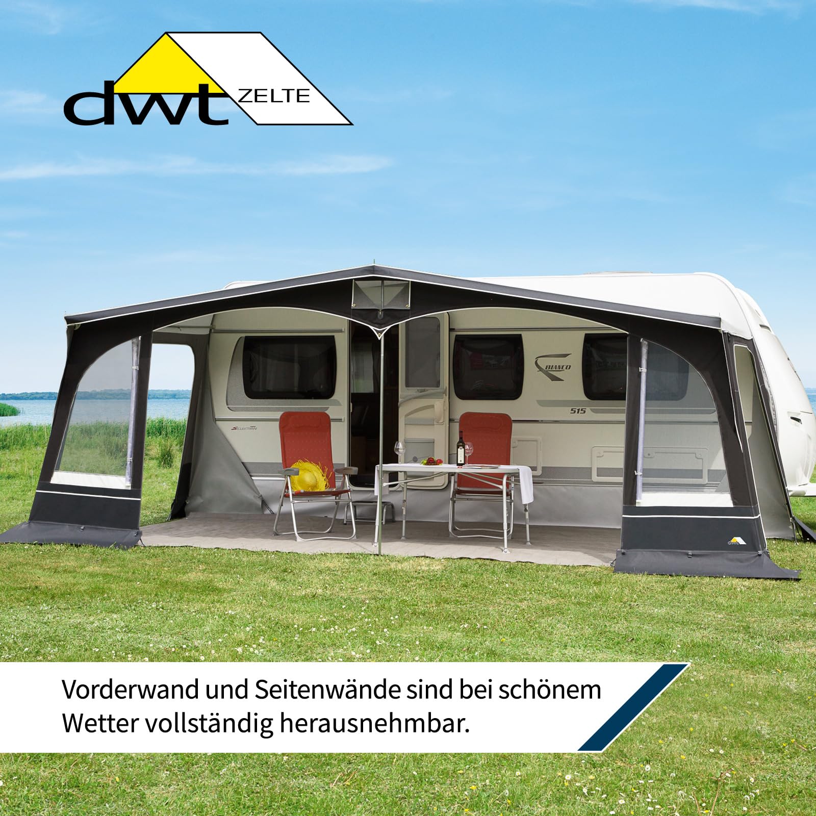 DWT Wohnwagen Vorzelt Swing 240 cm tief, Ganzzelt für Wohnwagen, wetterfestes Polyestergewebe, UV-Schutz, mit 2-teiliger Vorderwand