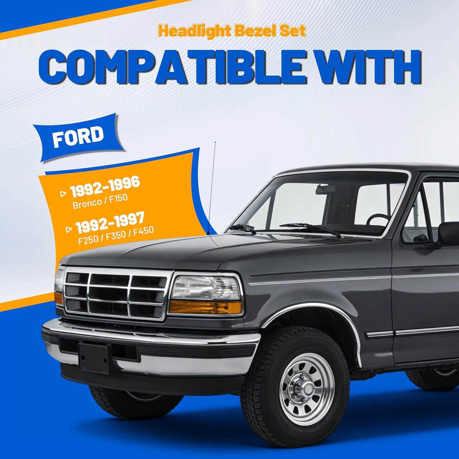 HECASA Headlight Chrome Trim Bezel Compatible with 1992-96 Ford Bronco, F150 Truck; 1992-97 F250 F350 F450 Truck RH & LH Headlamp Doors Pair Set