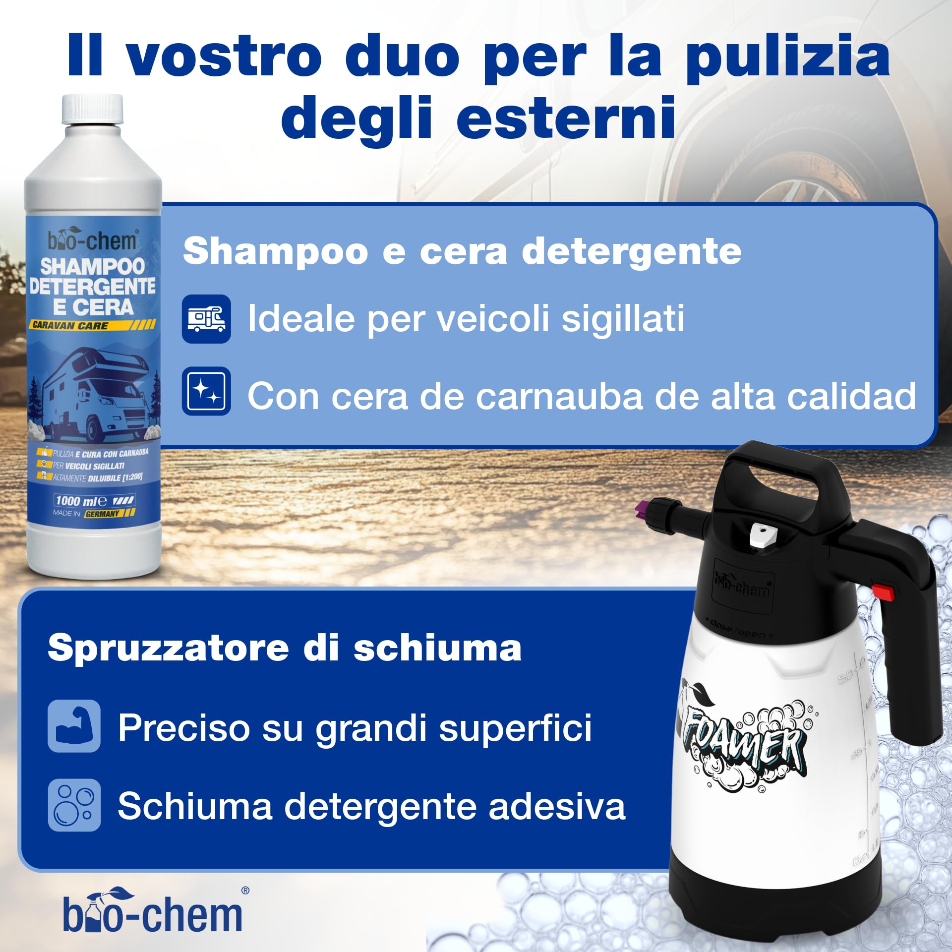 Bio-Chem - Profi Set per la pulizia e l'inceratura dei caravan - Shampoo per il lavaggio e la cura, cera per la carrozzeria, prodotto per eliminare le macchie di pioggia - Accessori inclusi