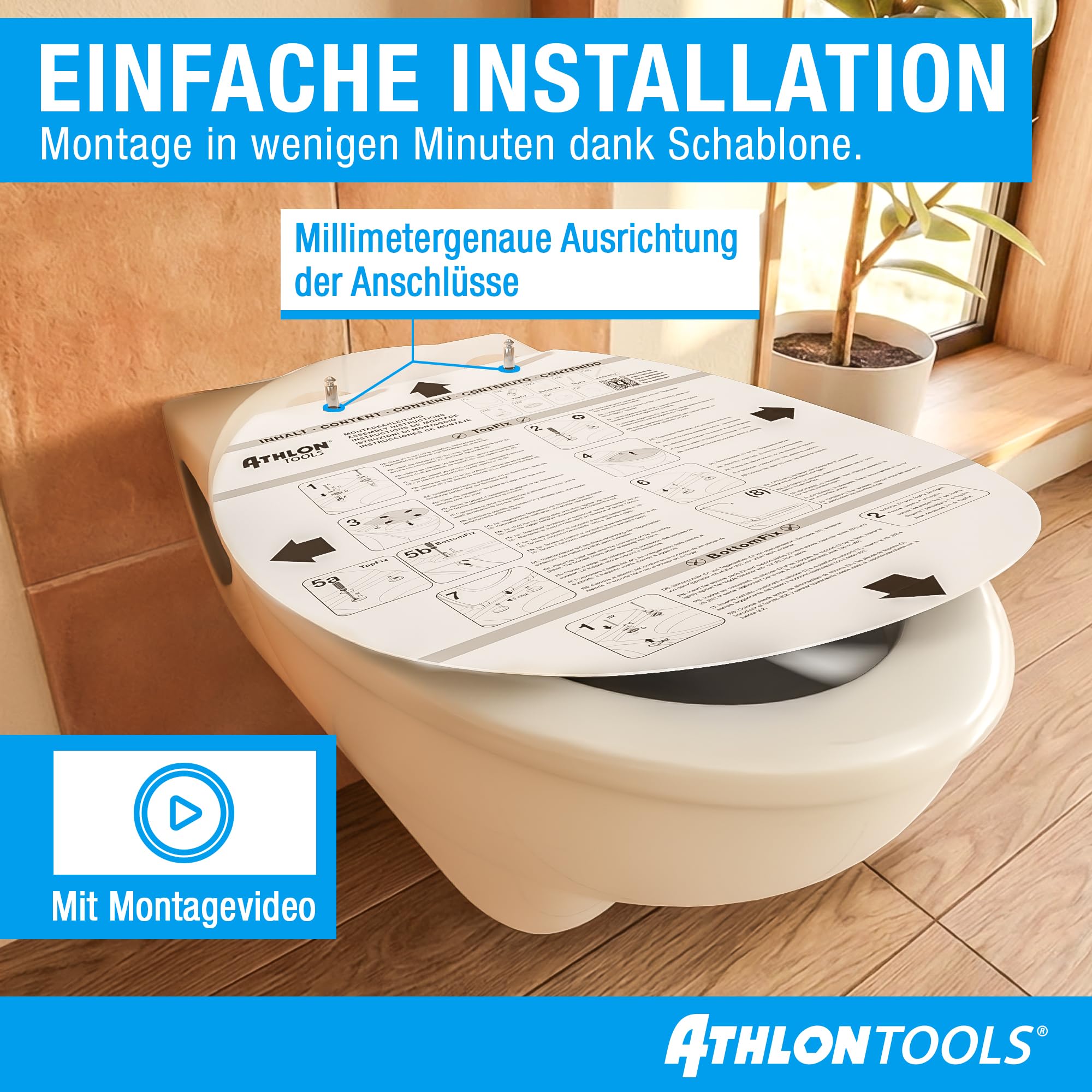 ATHLON TOOLS Toilettendeckel mit Absenkautomatik O-Form – Duroplast WC Sitz, Soft-Close & Quick-Release – Antibakterielle, kratzfeste & UV-beständige Klobrille inkl. Installationsschablone