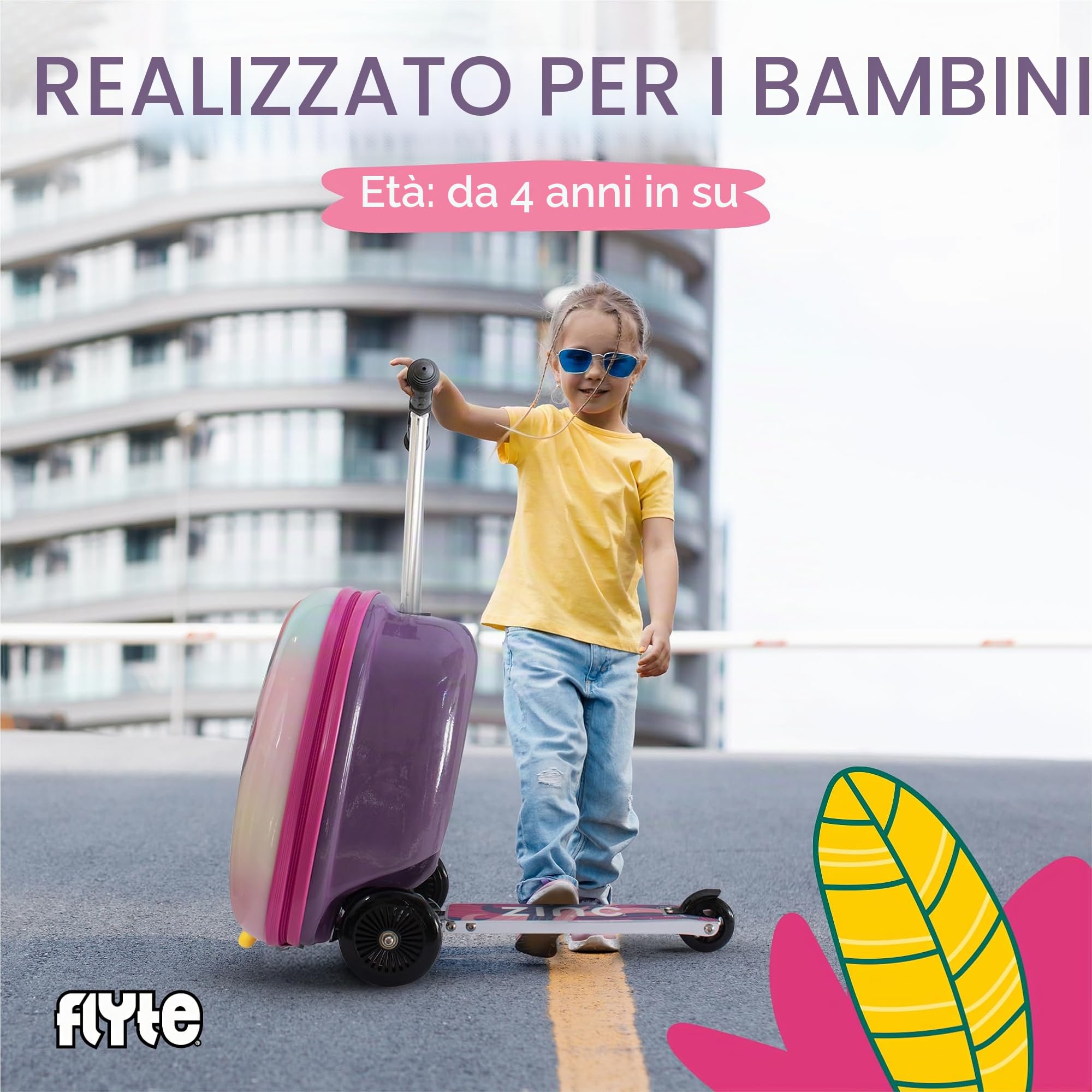 Flyte, valigia pieghevole monopattino per bambini, rigida, con ruote, 2 in 1, 18 pollici (45,7 cm), capacità 25 litri, Luna l'Unicorno
