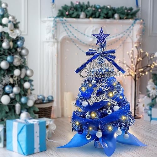 Miniatura 7 de Mini árbol de Navidad de 23 pulgadas, pequeño árbol de Navidad azul con luces, árbol delgado de Navidad preiluminado de mesa, árbol de Navidad