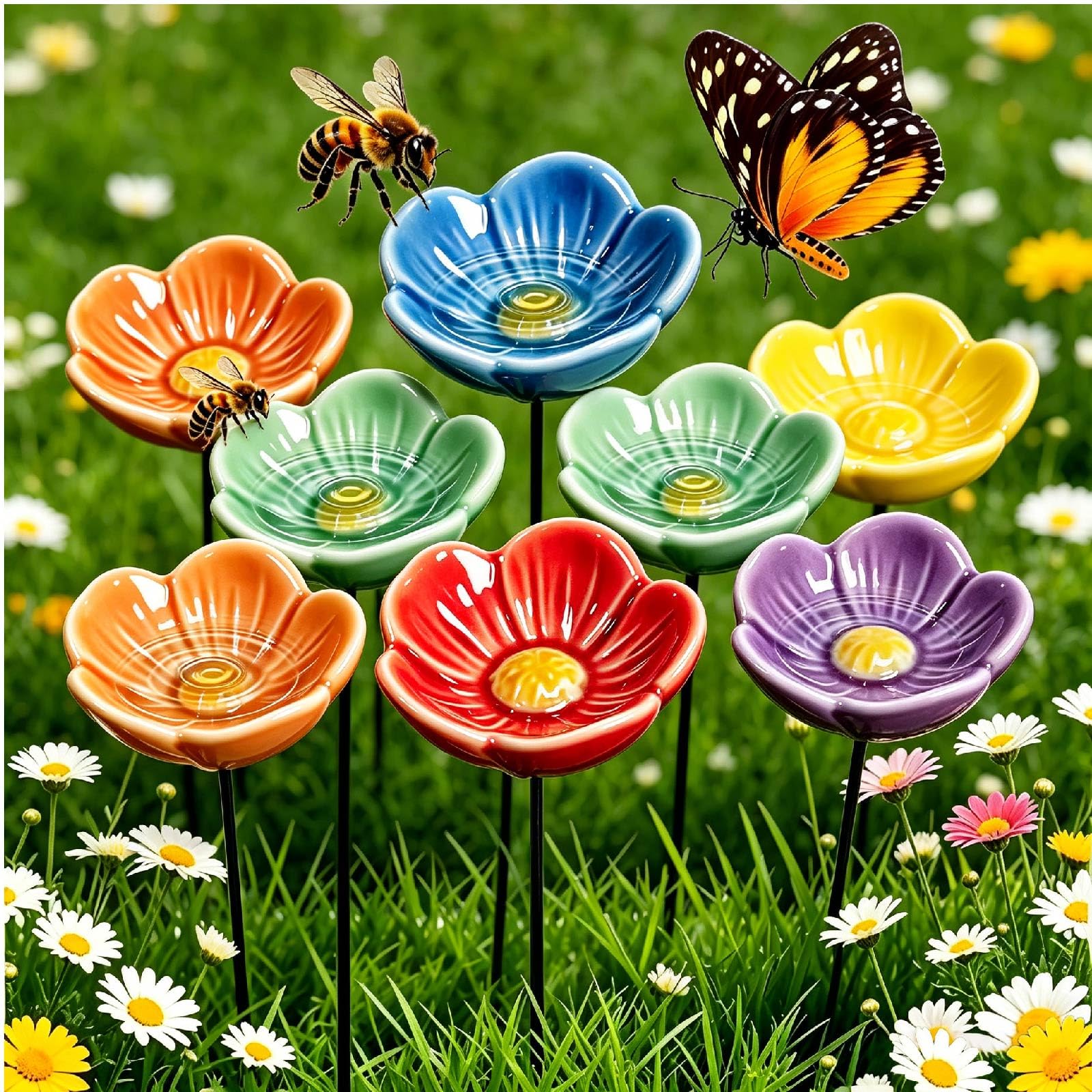 Ceramic Flower Garden Stakes Bees Bath, Bee Water Station，8PCS