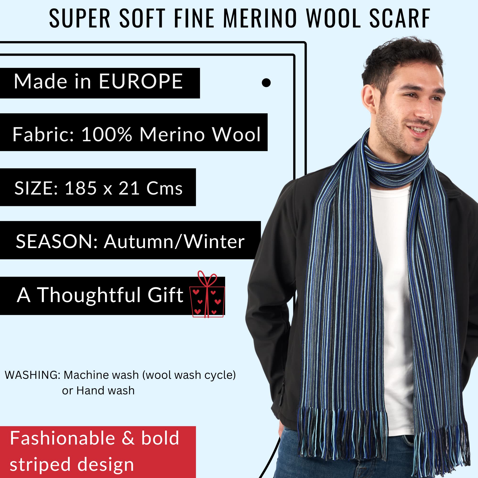 LOVARZI Sciarpa Uomo in Lana Merino Extra Fine - a Righe per l'Inverno | Lana Merino Extra Fine, Morbida e Calda, Ideale come Regalo Invernale per Uomo, Motivo a Righe Classico