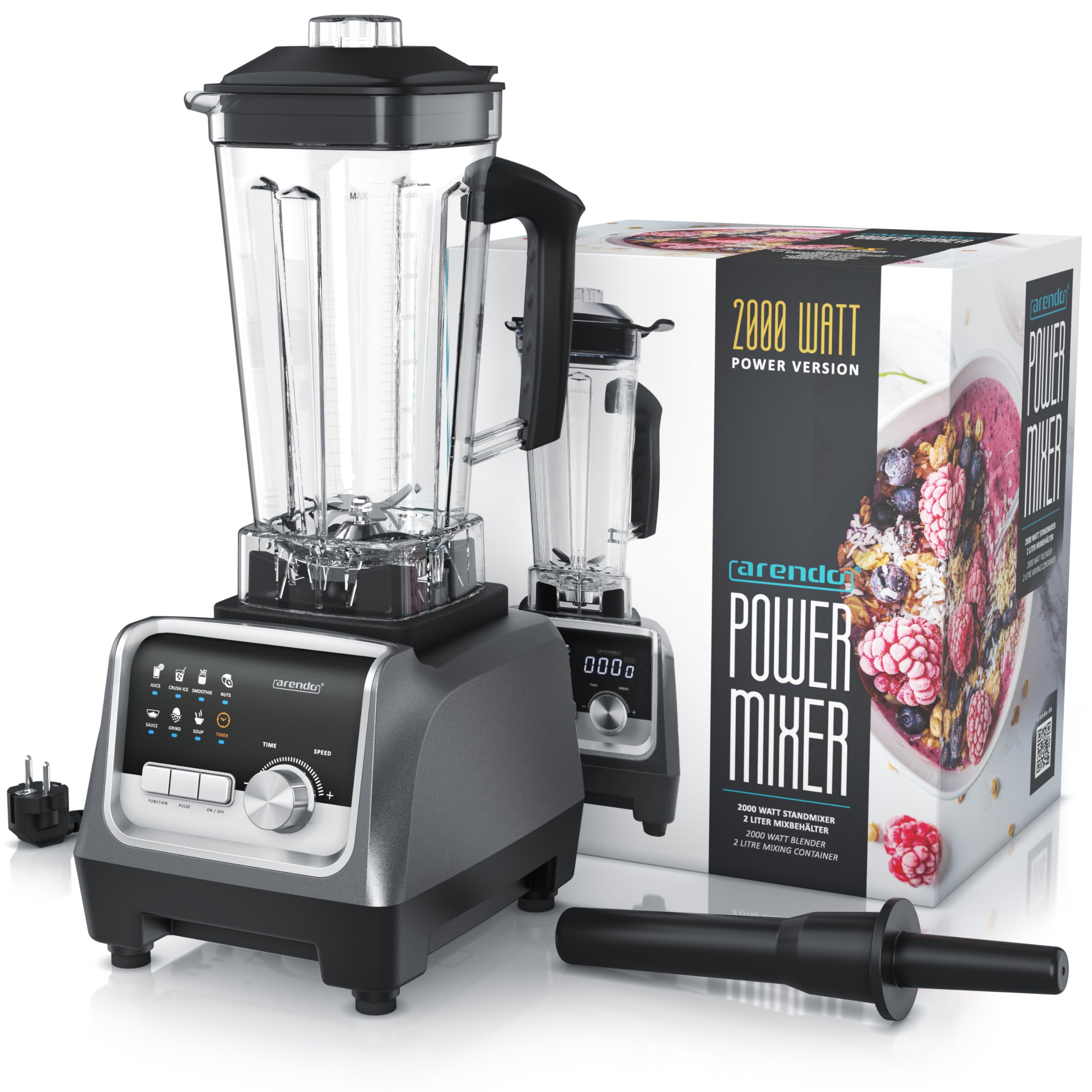 Arendo – Hochleistungsmixer 2000 Watt - Standmixer Edelstahl - 2 Liter Fassungsvermögen – mit Display - 9 Geschwindigkeitsstufen – hochwertige Edelstahl-Messereinheit – 3 voreingestellte Programme