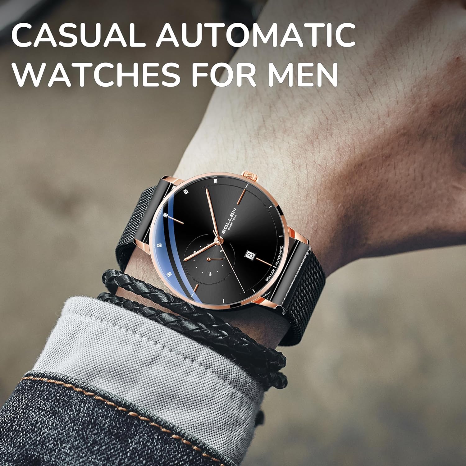 SOLLEN Automatic Watches for Men,Men's Automatic Watch,Original Mechanical Watch Movement,3ATM Water Resistant,Luminous Hands,Calendar and 24-Hour Display,Minimalist Self-Winding Wrist Watches for Men - Image 2