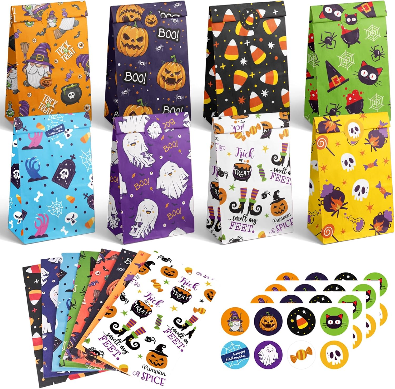 Elunpoe 32 Pack Halloween Goodie Bags with Stickers, Paper Treat Bags