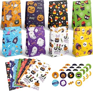 Elunpoe 32 Pack Halloween Goodie Bags with Stickers, Paper Treat Bags