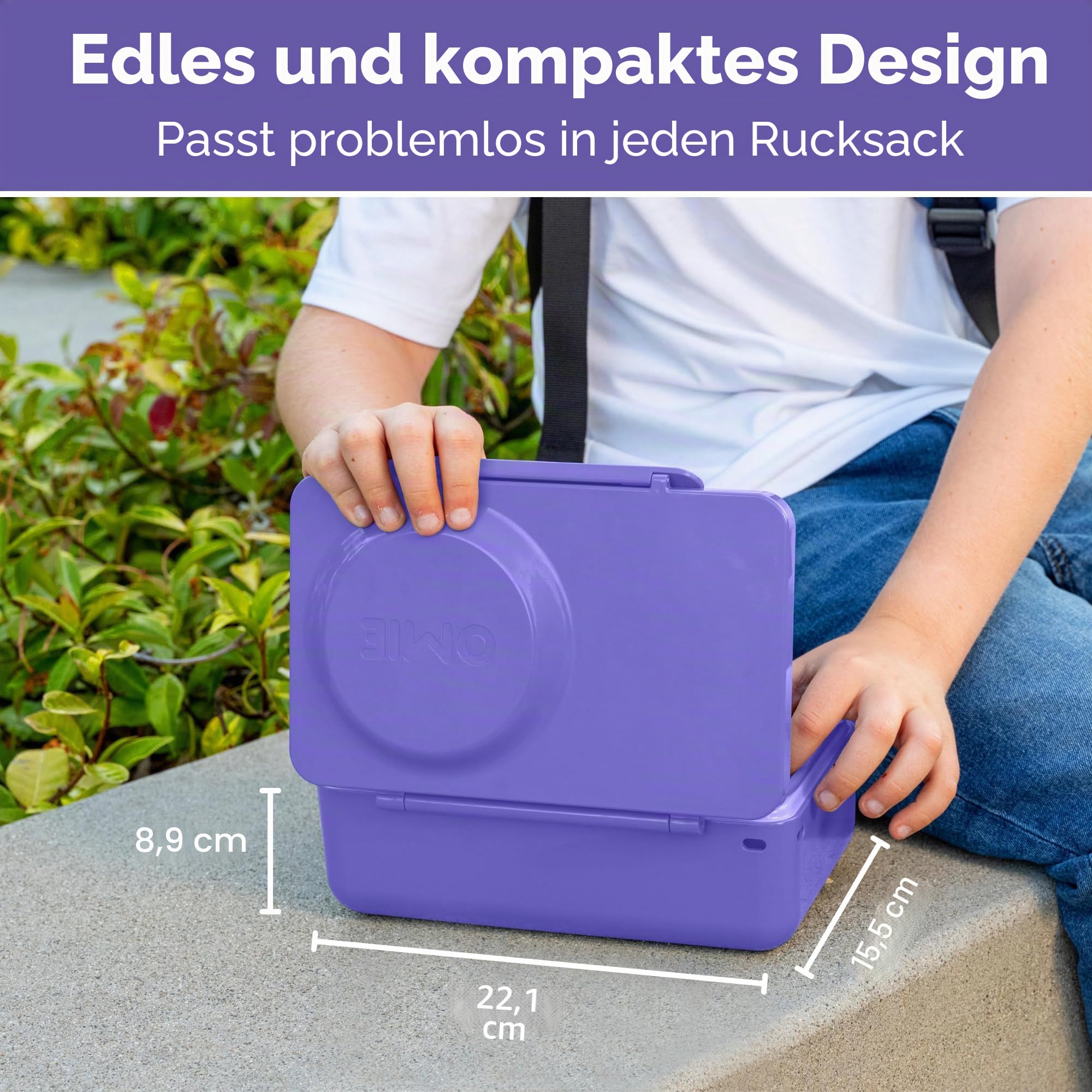 Omie Box UP Bento-Box für Kinder, isolierte Lunchbox, auslaufsicheres Thermo-Glas, kühleres Eispack, 2 Fächer, Galaxie-Lila
