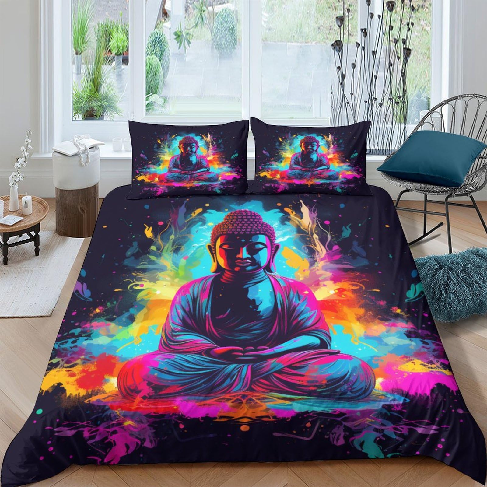 Parure de lit Bouddha 3D housse de couette microfibre 200x200 cm avec taie d'oreiller