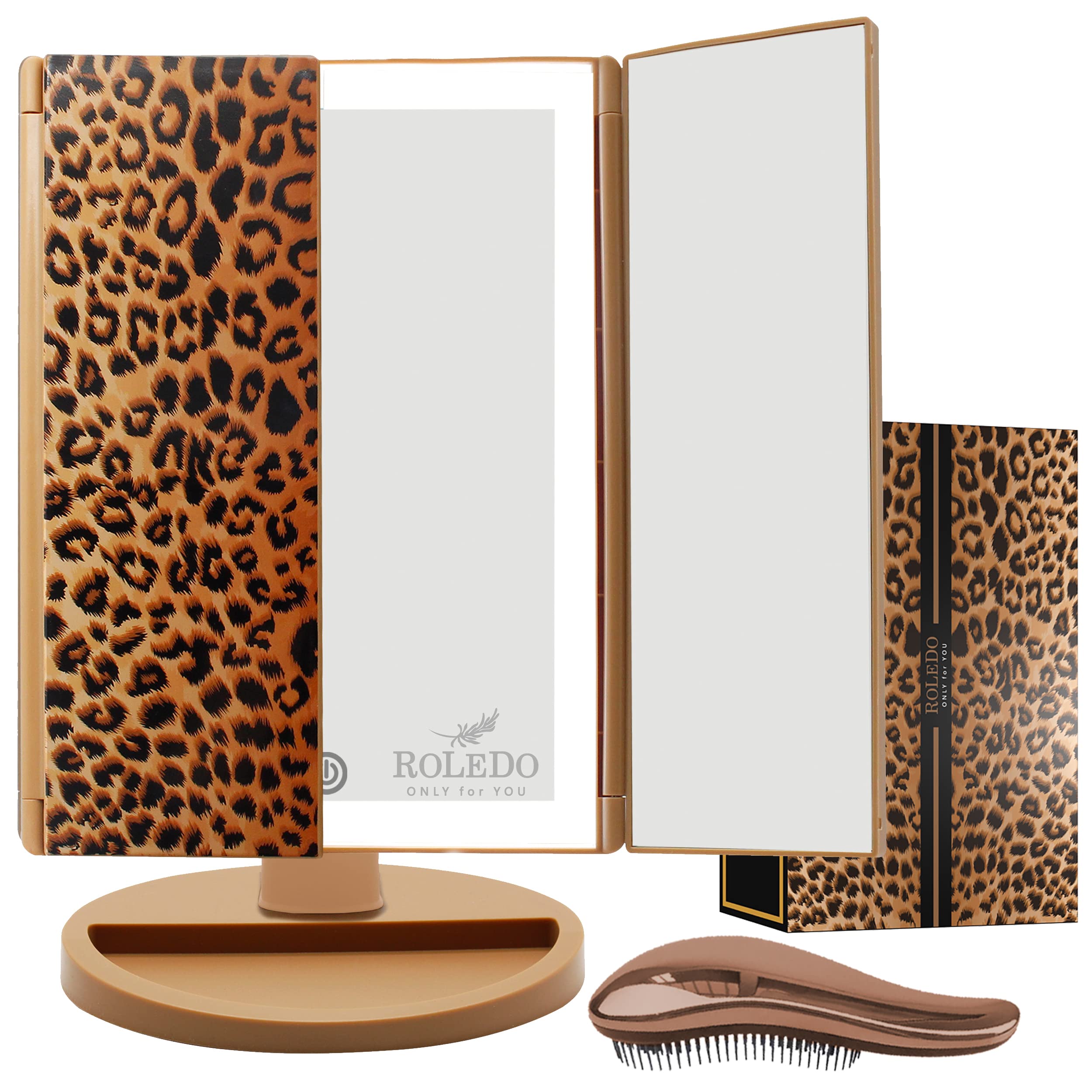 RoLeDo Makeup Mirror with Lights, 72 LED Vanity Mirror, 3 Color Lighting, Lighted Makeup Mirror, 3x/2X Magnification, Touch Control Portable Cosmetic Mirror Desk, Gifts for Women, Cheetah Print
