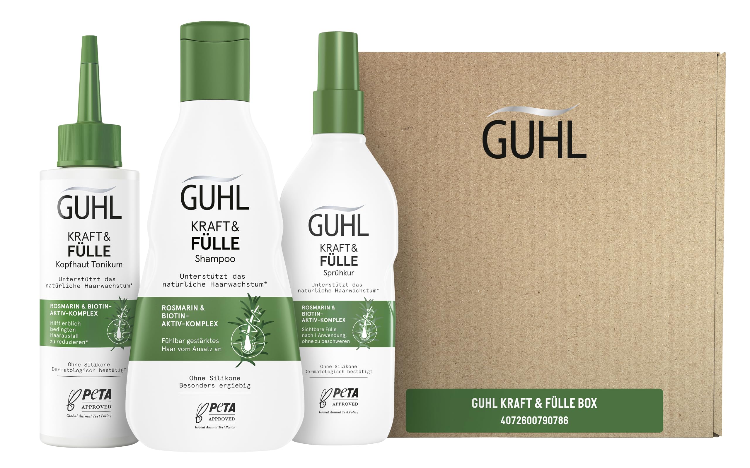 Guhl Kraft & Fülle zestaw korzyści – zawartość: szampon, 250 ml + tonik do skóry głowy, 125 ml + kuracja natryskowa, 150 ml – do przerzedzania i wypadania włosów