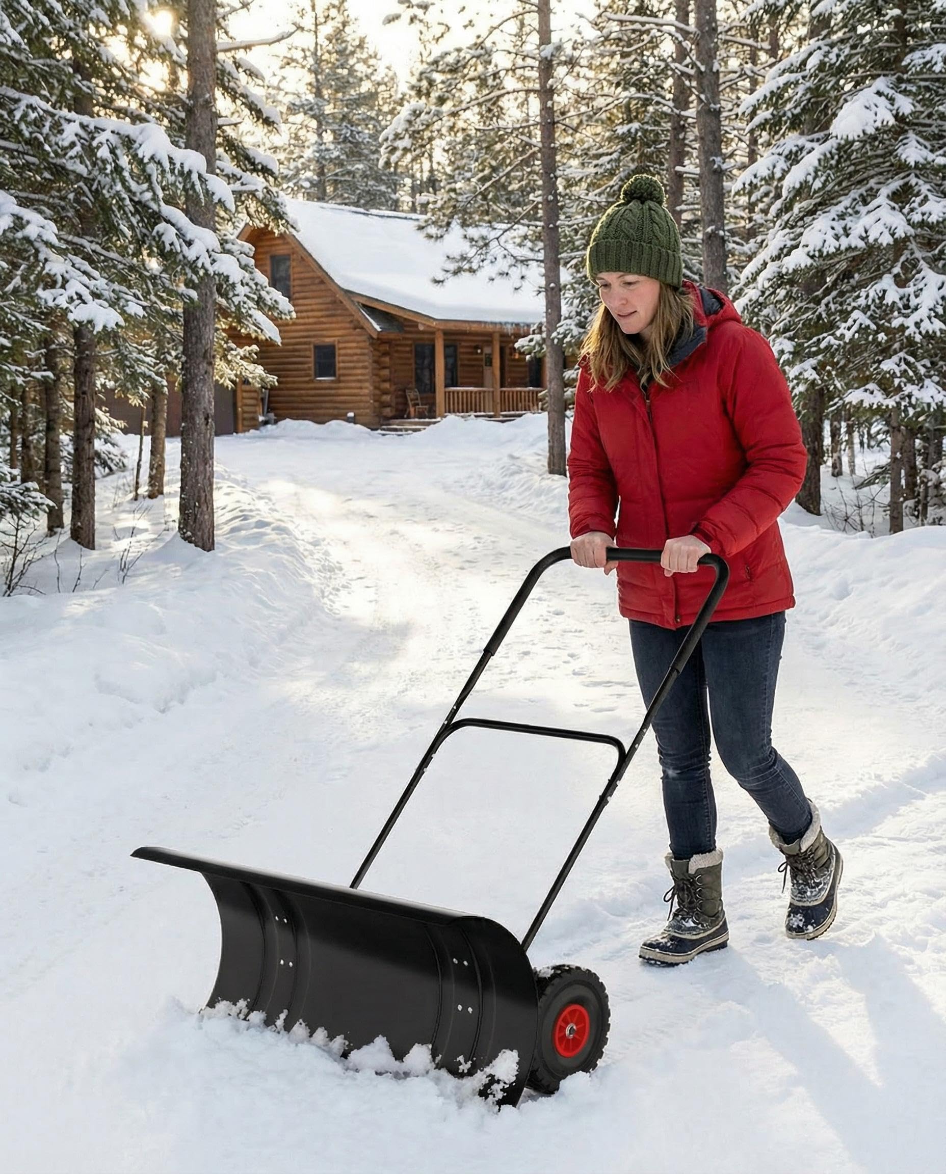 Ergonomischer Schneeschieber mit Rädern mit Breite Griff Schwerlast Schneepflug mit verstellbarem Griff und angewinkeltem Blatt – Effizientes Schneeräumen für Hof, Gehweg & Auffahrt –