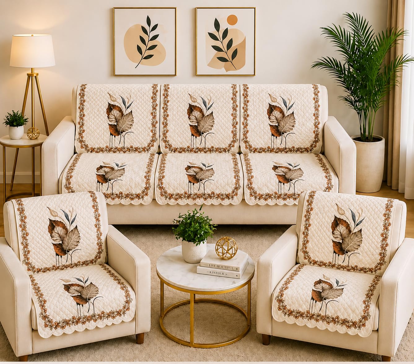 Autumn Botanical Leaf Quilted Sofa Cover Set 5 Seater for Living Room - 3 Seater & 1+1 Seater Sofa Slip Covers for Home - Premium Furniture Protector Panels, 10 Pieces-picture-29