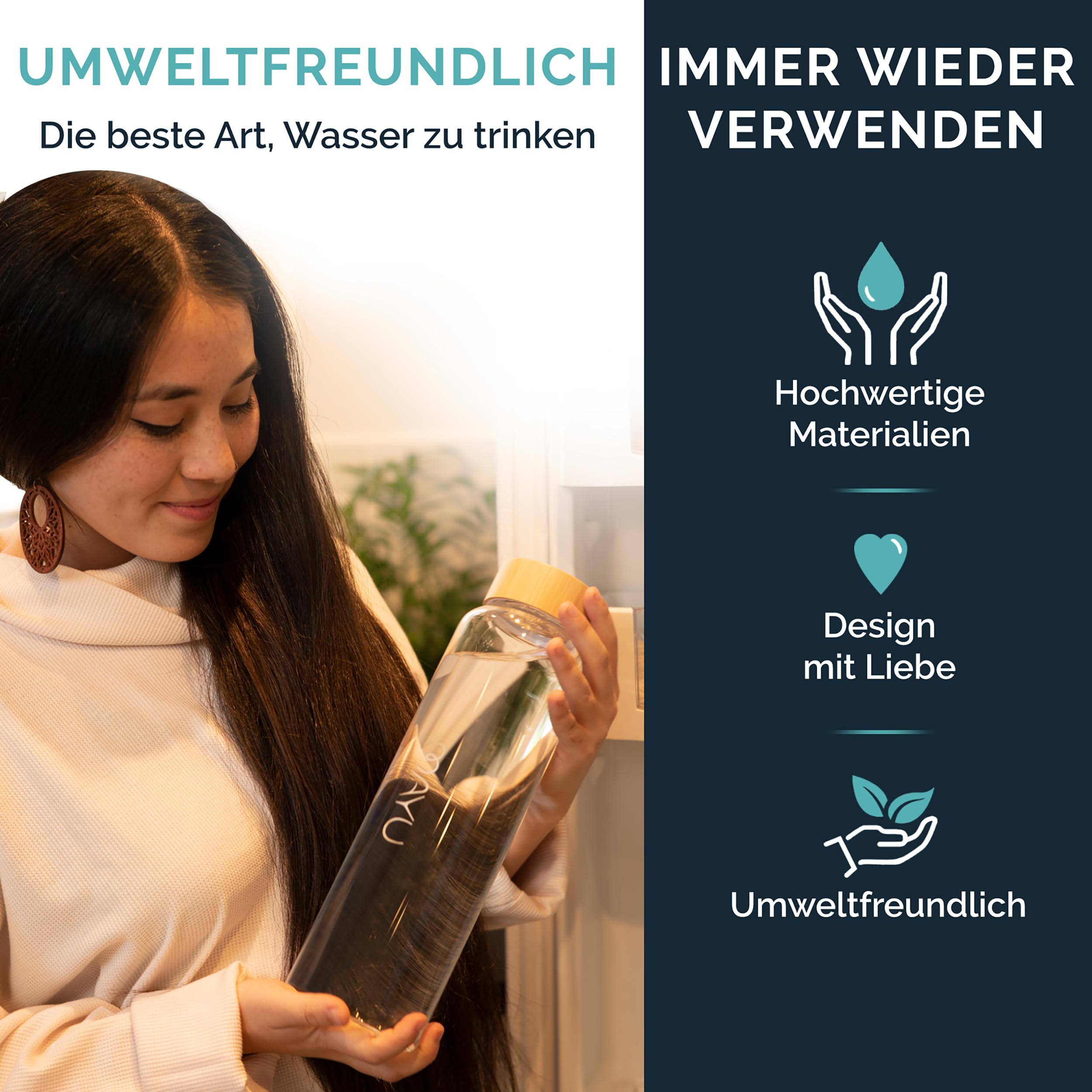 mayu Water Wasserflasche, Borosilikatglas, Bambusdeckel, 1,5 Liter | Integriertes Sieb, Bambus-Deckel, BPA-frei, auslaufsicher, umweltfreundlich, ideal für Wasser, Tee & Infused Water