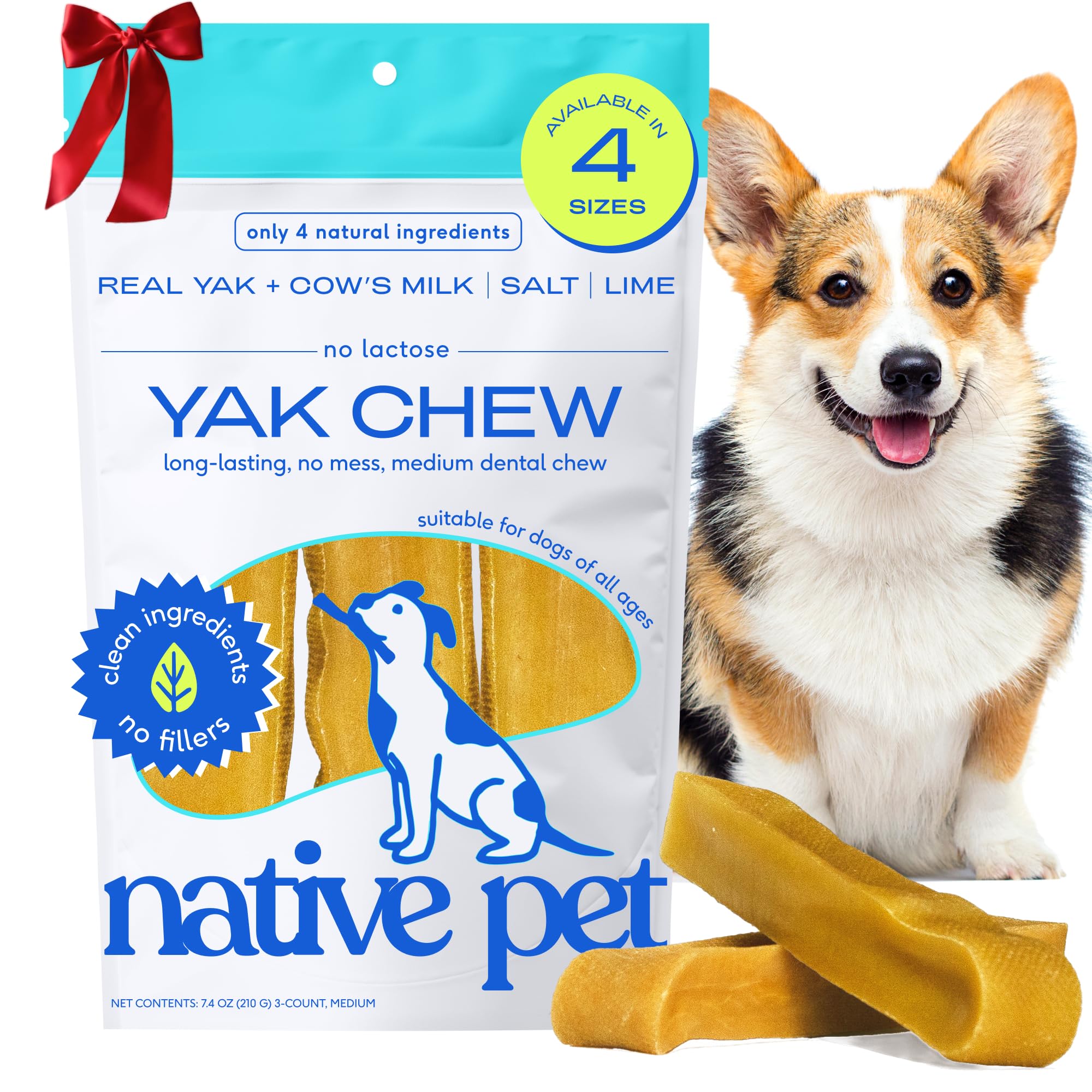 Native Pet Yak Cheese Himalayan Dog Chews - Long Lasting Dental Sticks for Medium Breeds – 100% All Natural Himalayan Yak Chews for Medium Dogs – Cheese Bone for Aggressive Chewers - 3 Per Pack