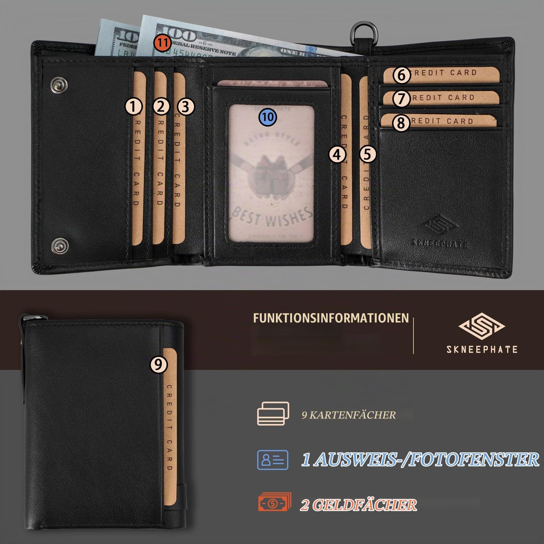Leder Biker Geldbörse Herren Mit Kette,Totenkopf Geldbeutel,Dreifach Gefaltete Geldtasche,Skull Wallets for Men,Portmonee RFID-Schutz,Geschenkidee für Männer (Black)