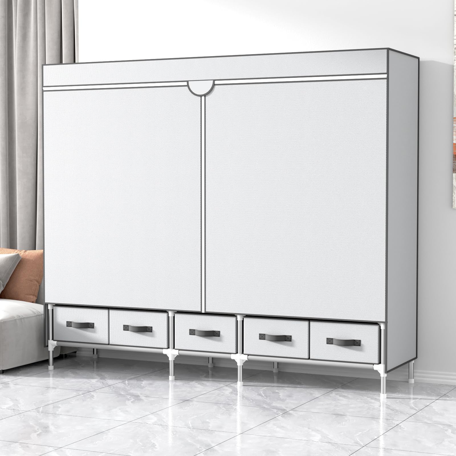 Kleiderschrank,Schlafzimmer Stoffschrank,Kleiderstander mit Schubladen,Faltbar Garderobe mit 2 Kleiderstange