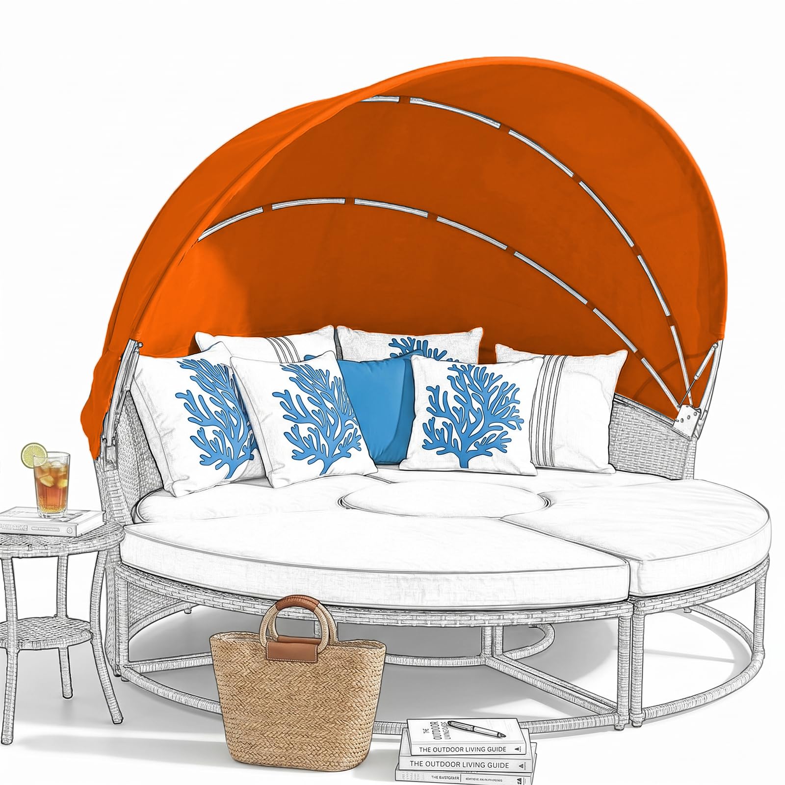 LR68HFT Replacement Canopy for Patio Round Daybed Applicable to Dia 160-180cm, Retractable Top Cover for Outdoor Sunbed, Sun-Resistant and Water-Repellent, Quick Installation, Orange