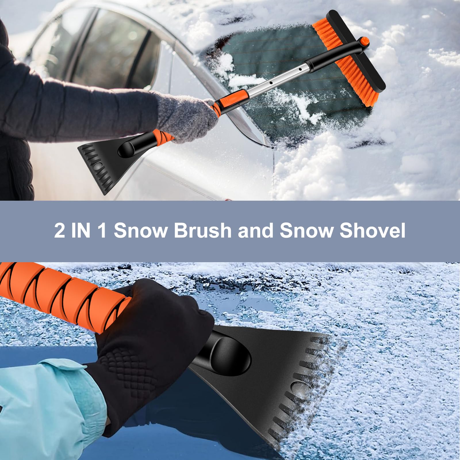 Odoland Spazzola da Neve per Auto con Raschietto per Ghiaccio 86 cm Estensibile Rimuovere Neve Parabrezza Impugnatura Schiuma Spazzola Girevole 360° Auto Camion SUV Arancione
