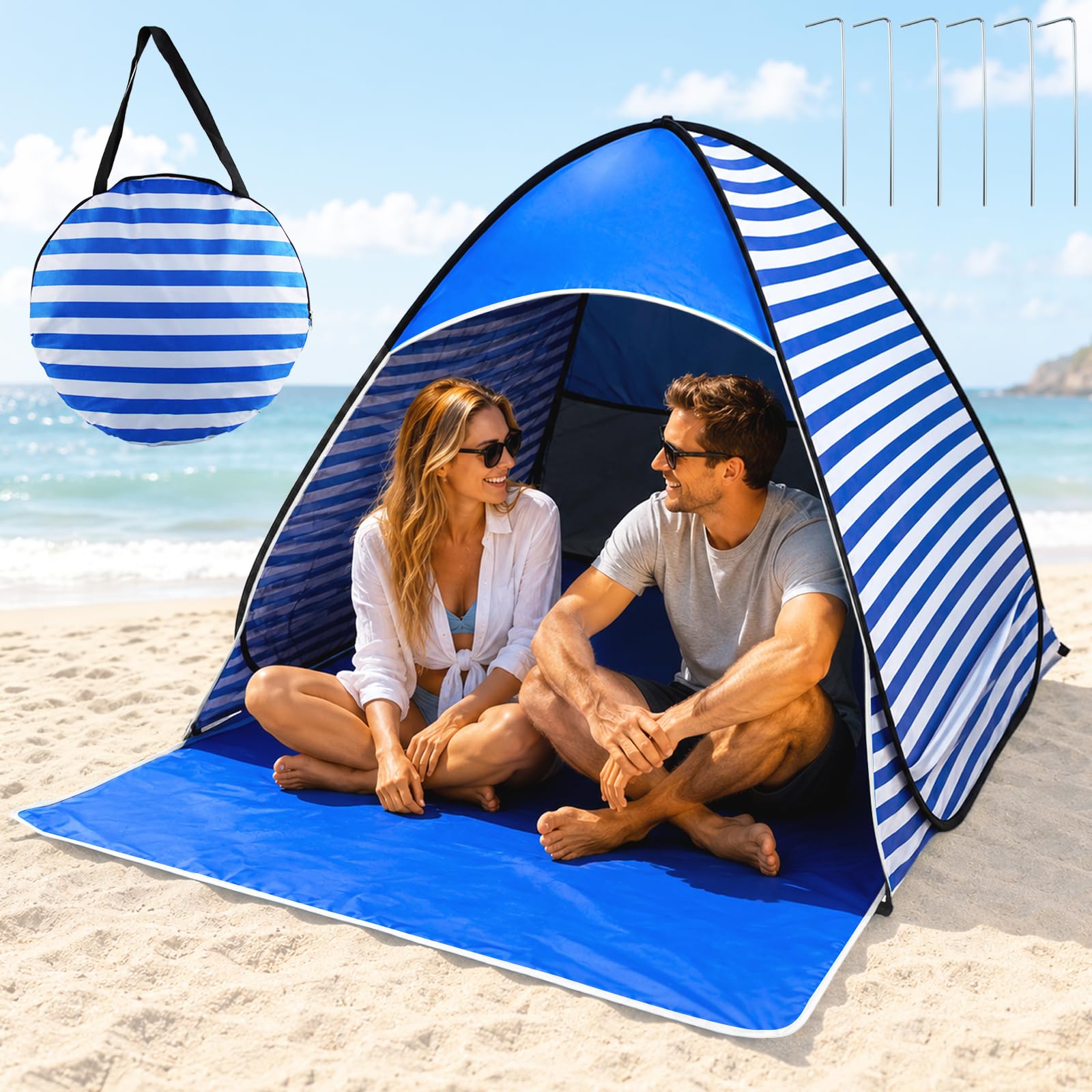Tente de Plage Pop-Up, Abri de Plage Pop-Up, Protection UV 50+, pour 2 à 3 Personnes, avec Sac de Rangement et Sardines, Idéal pour Le Camping Familial, Les Pique-niques et la Plage (Bleu)