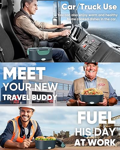 Miniatura 7 de Eocolz Fiambrera eléctrica de 80 W, calentador de alimentos con doble contenedor, 1.5 L, portátil, para automóvil, camión, trabajo, tenedor y