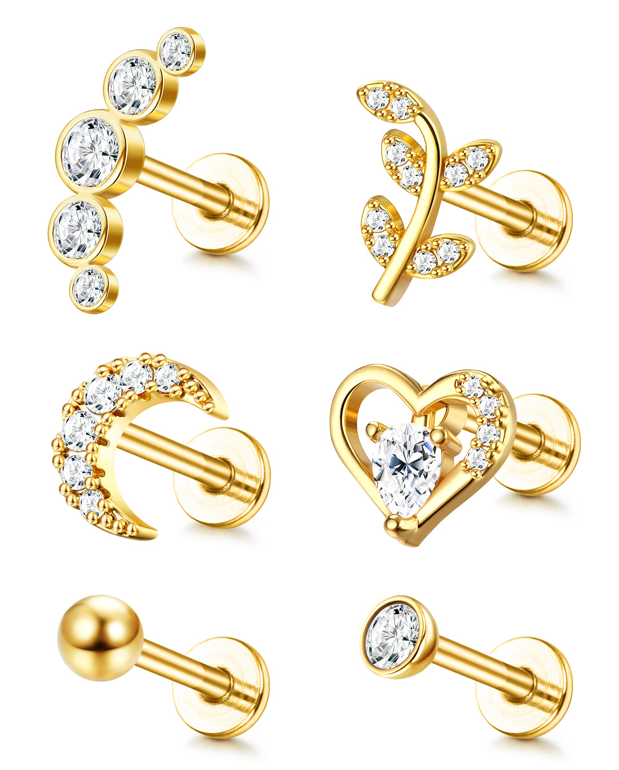 Adramata 6Pcs 16G Cartílago Tragus Pendientes De Tuerca Para Mujeres Hombres Con Rosca Interna CZ Luna Corazón Hoja Hélice Conch Labret Monroe Oreja Piercing Joyería