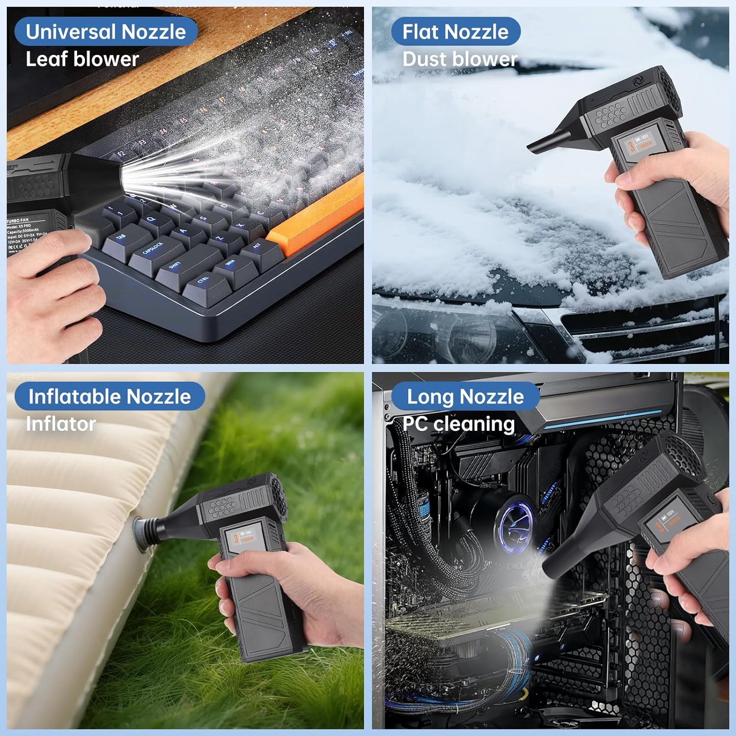 for PC & Car Cleaning: Electric Compressed Air Duster, Cordless Air Blower with Smart Display - 70m/s Wind (≈180,000 RPM) & 330g Thrust, Turbo Fan, Phone Charger, 4 Nozzles for Keyboard