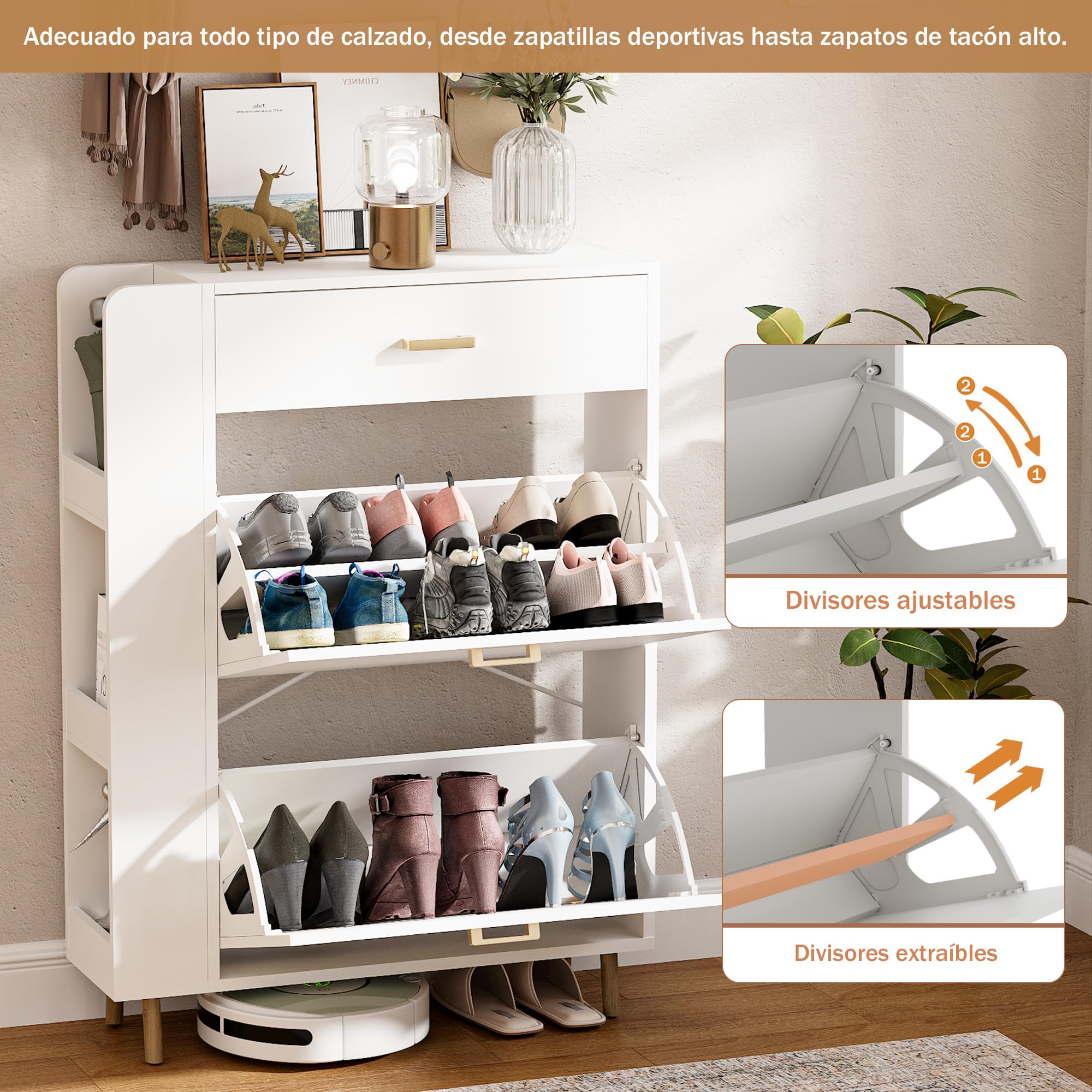 Zapatero 2 Puertas Estrecho Mueble Zapatero con 1 cajón y 3 Compartimentos de Almacenamiento con 4 Patas de Madera Maciza para Sala de Estar, Pasillo de Entrada, 80x24x110cm Blanco