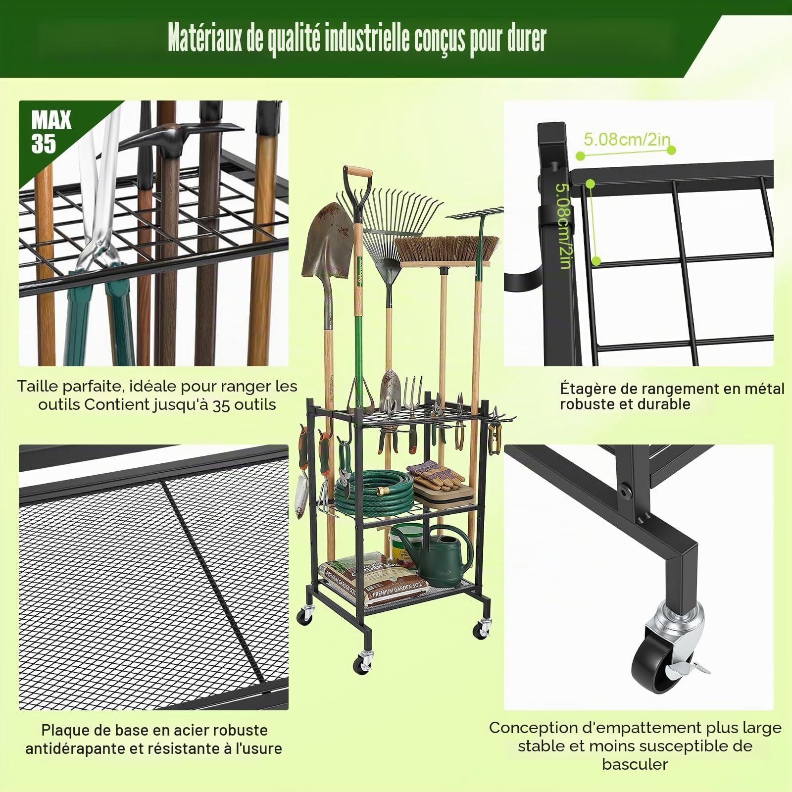 Support pour outils de jardin debout avec roulettes, 2 crochets amovibles et 9 crochets fixes, rangement d'outils de jardin jusqu'à 35 outils pour pelle, houe et fourche, atelier, garage et